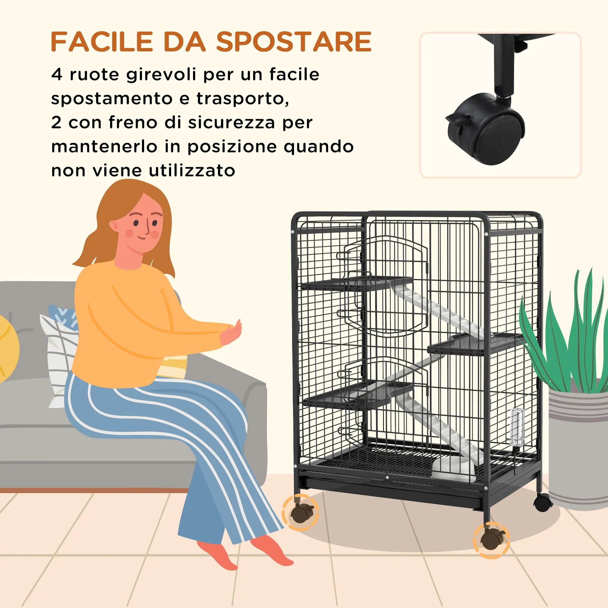 PawHut Gabbia per Piccoli Animali e Piccoli Roditori 61.5x44x95 cm Nero - immagine 4