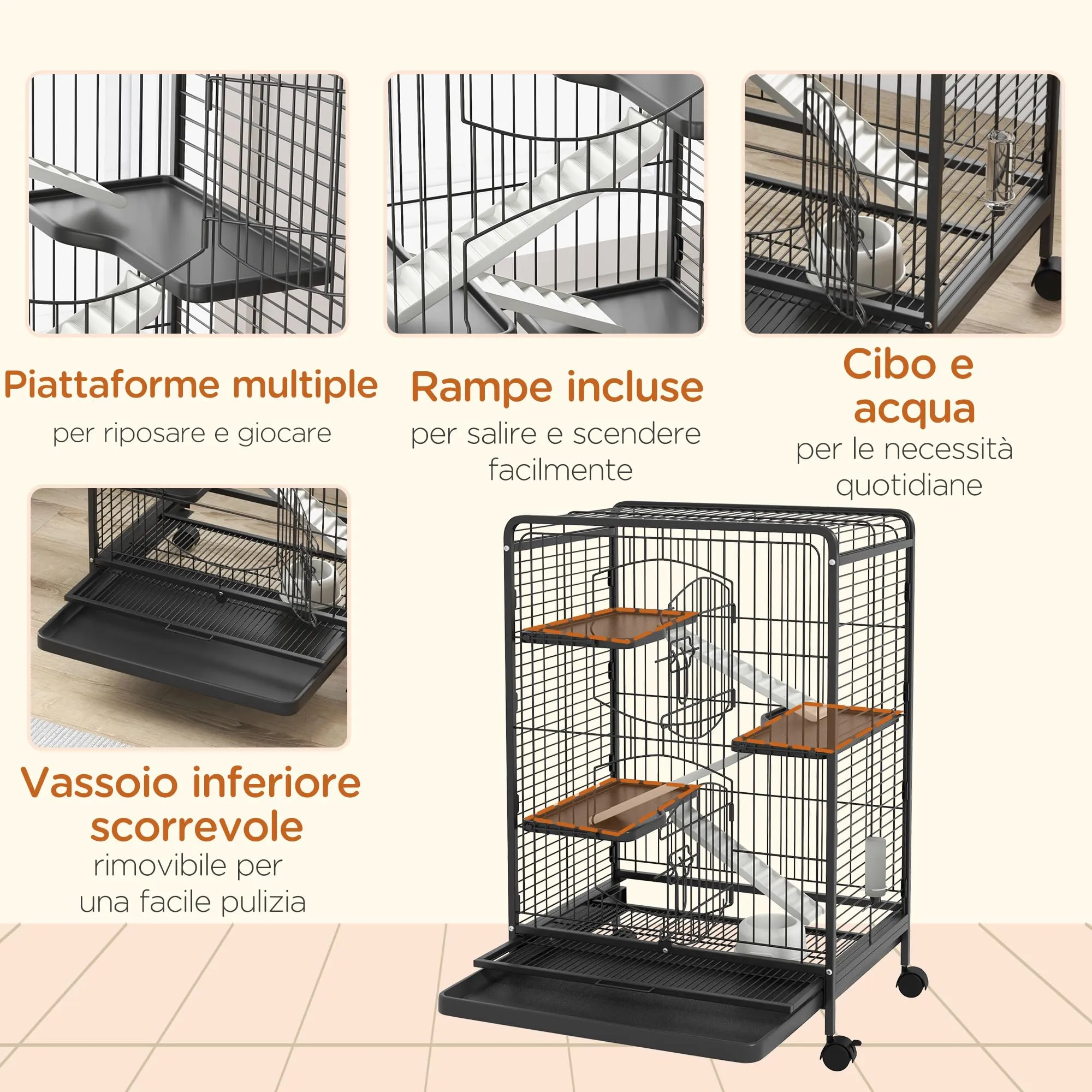 PawHut Gabbia per Piccoli Animali e Piccoli Roditori 61.5x44x95 cm Nero - immagine 5