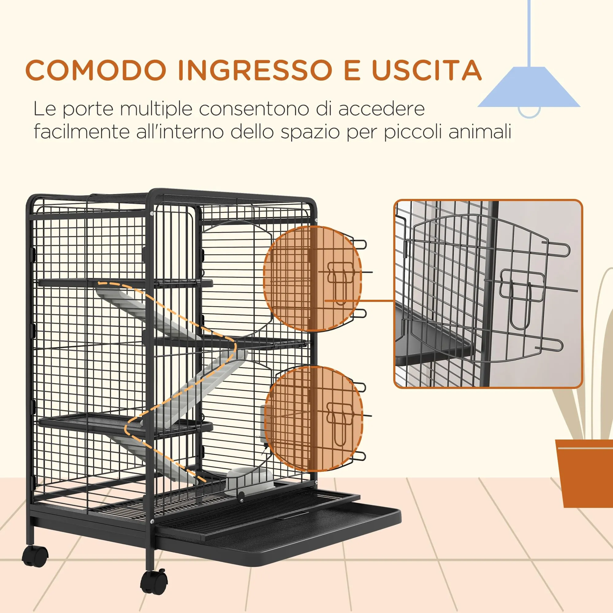 PawHut Gabbia per Piccoli Animali e Piccoli Roditori 61.5x44x95 cm Nero - immagine 6