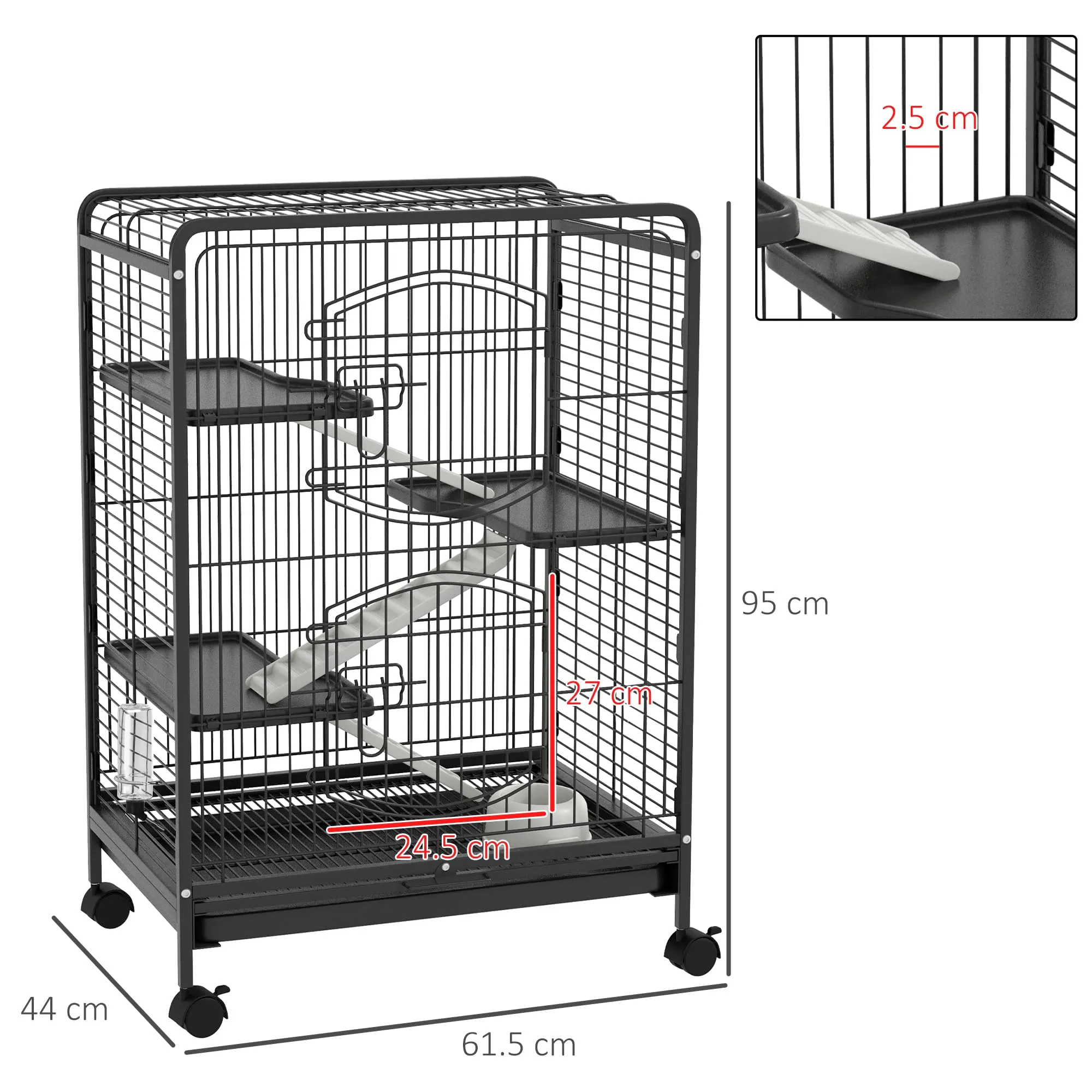 PawHut Gabbia per Piccoli Animali e Piccoli Roditori 61.5x44x95 cm Nero - immagine 7