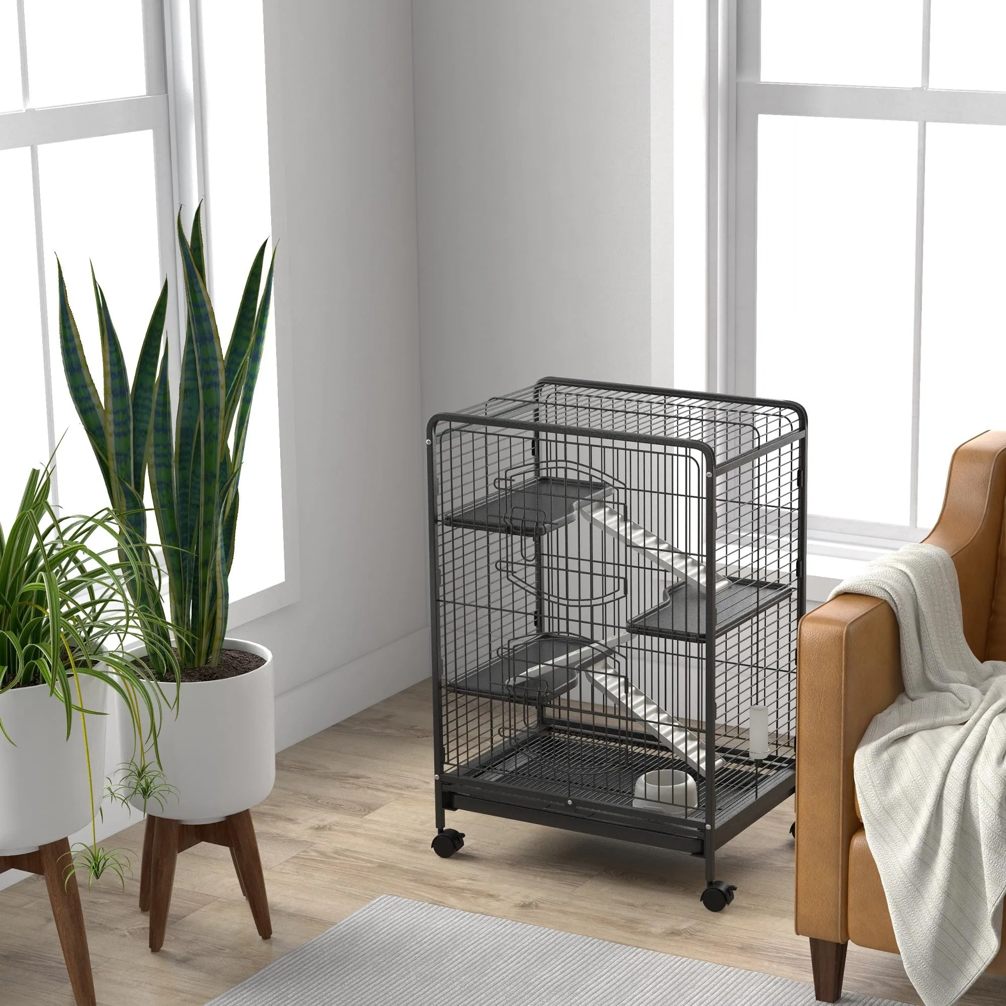 PawHut Gabbia per Piccoli Animali e Piccoli Roditori 61.5x44x95 cm Nero - immagine 9