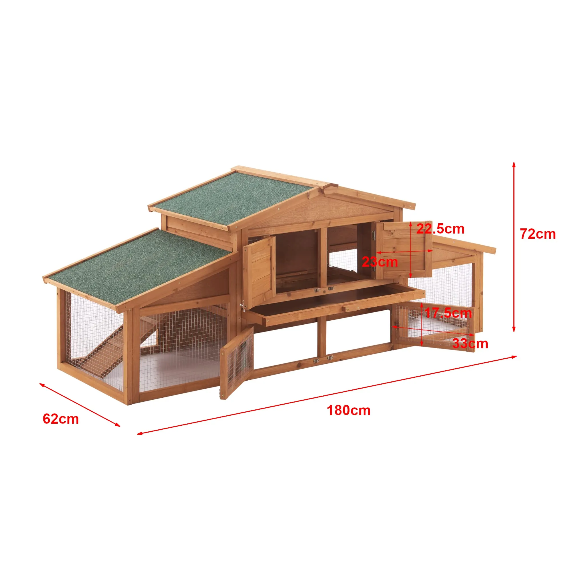 Conigliera Coperta con Tettuccio Impermeabile (AxLxP) 72 x 180 x 62 cm Gabbia con Casetta e Area Recintata, Struttura in Legno, Uso Esterno - immagine 3