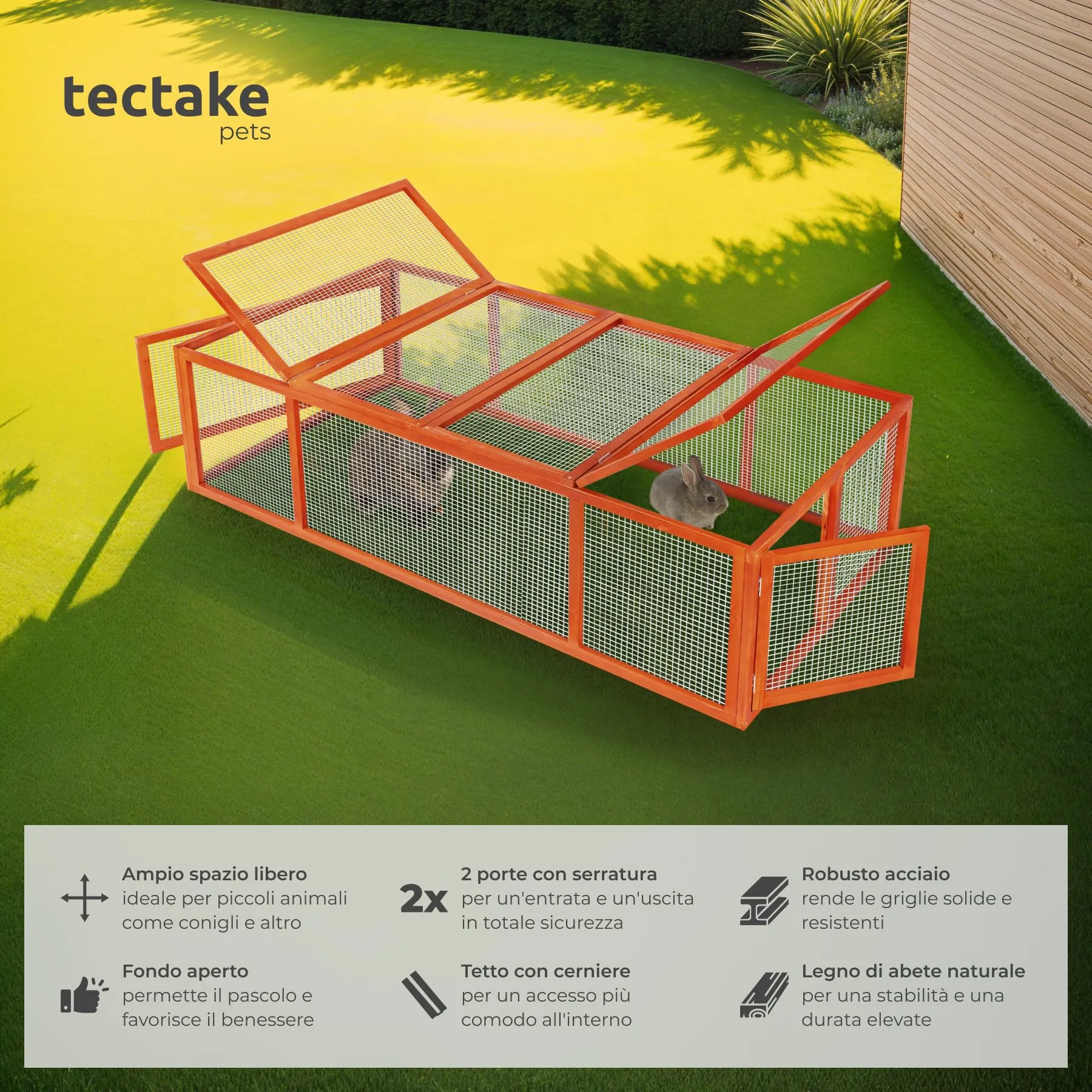 tectake® Conigliera da Esterno, 4 Porte, con Facile Accesso, Utilizzabile a Se Stante, Recinto Per Conigli, Gabbia Esterno, Casetta, Recinto Piccoli Animali - Marrone - immagine 2