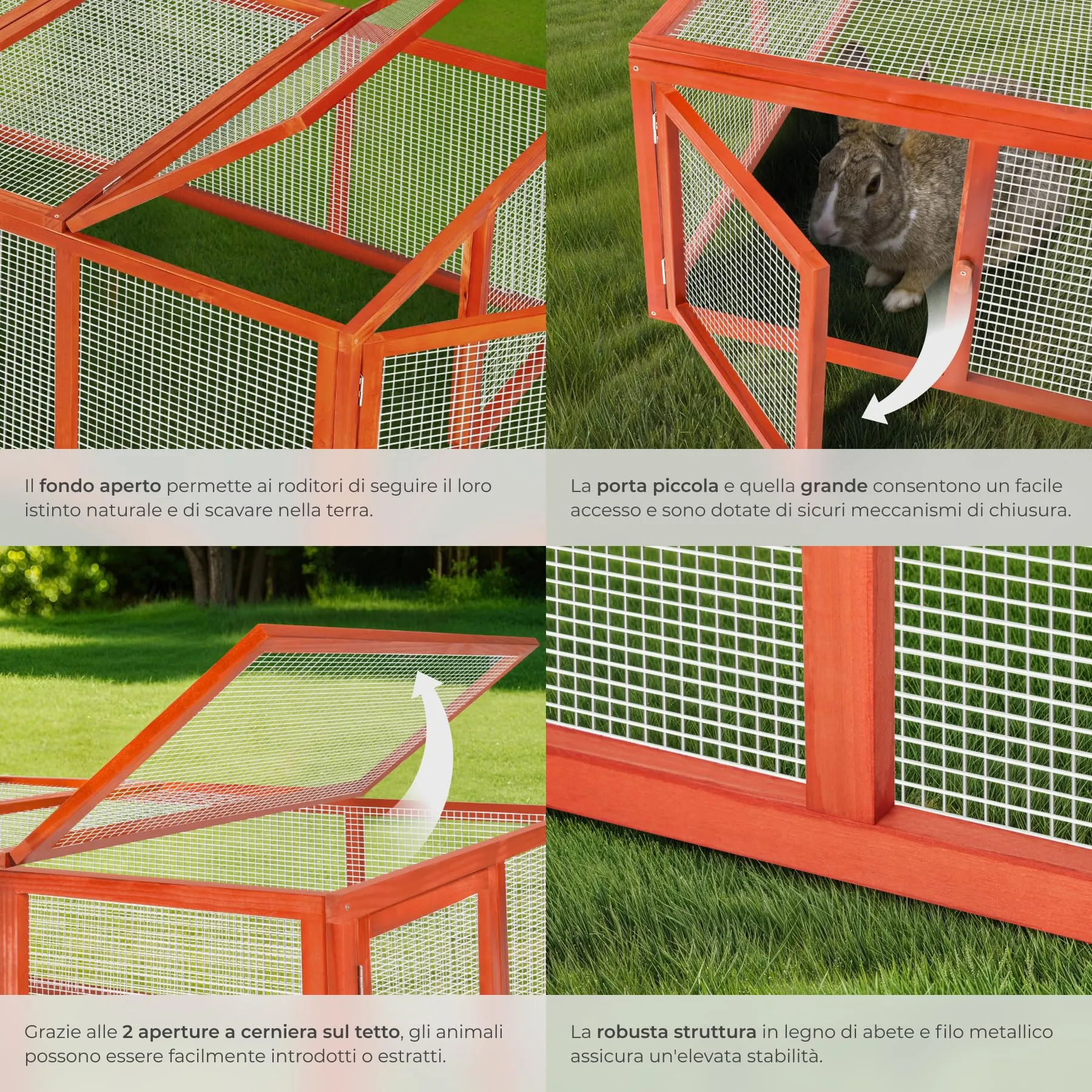 tectake® Conigliera da Esterno, 4 Porte, con Facile Accesso, Utilizzabile a Se Stante, Recinto Per Conigli, Gabbia Esterno, Casetta, Recinto Piccoli Animali - Marrone - immagine 4