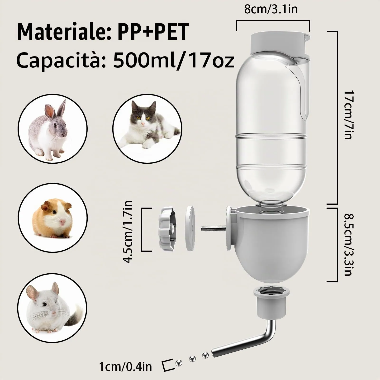 TOKAYIFE Bottiglia d'Acqua per Piccoli Animali 500ml Beverino Coniglio Bottiglia sospesa per Animali Abbeveratoio per Conigli Porcellini D'india Criceto Furetti Chinchilla Distributore Acqua - immagine 5
