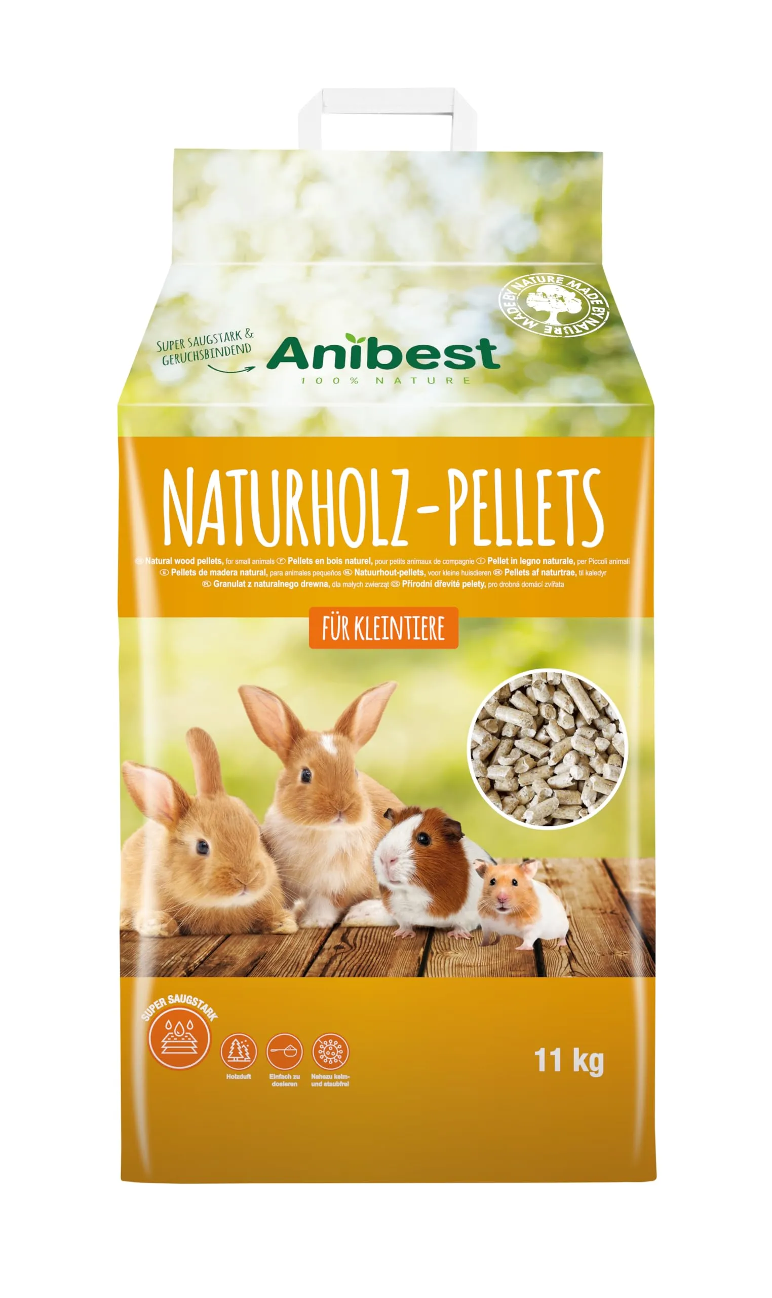 Anibest Pellet di piccoli animali, 100% lettiera naturale per conigli, criceti, porcellini d'India e Co, pellet di legno assorbenti e antiodori, lettiera facile da dosare, 11 kg/20 l - immagine 1
