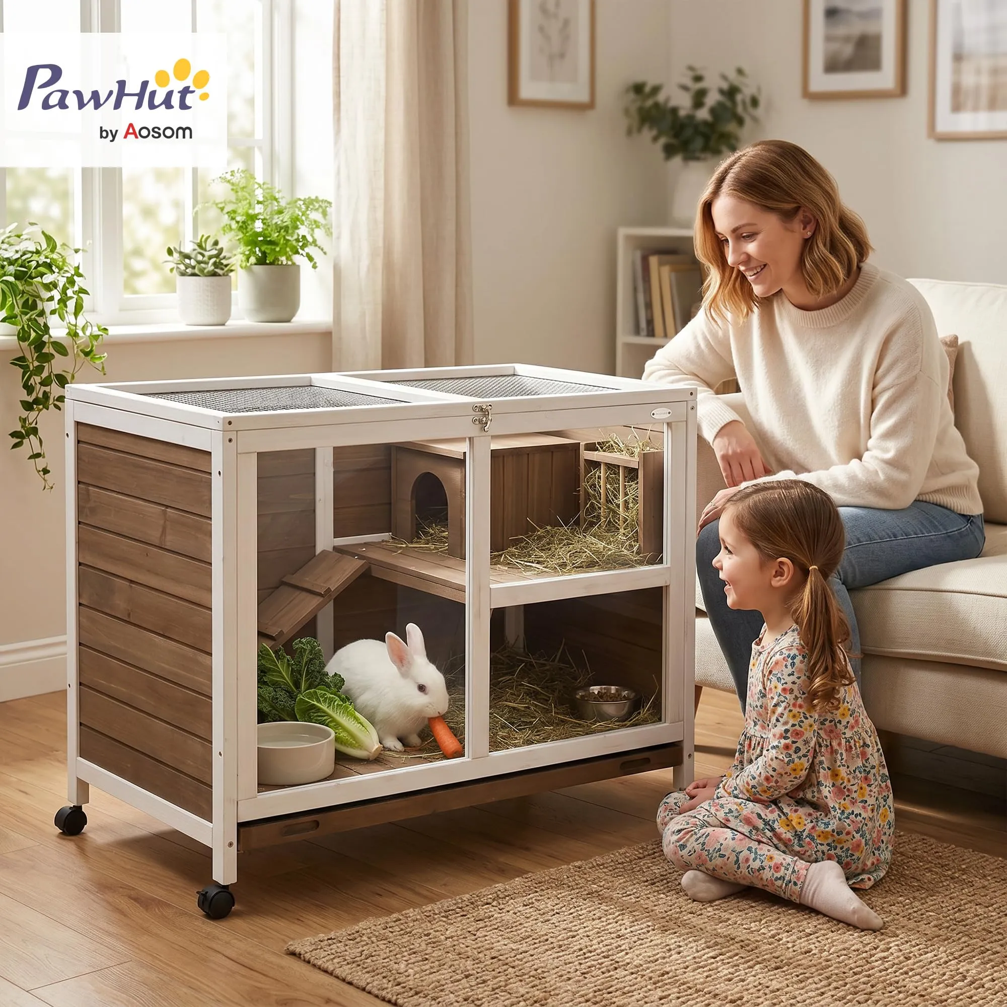 PawHut Conigliera in Legno a 2 Livelli Casetta 91.5x53.3x73cm Marrone - immagine 2