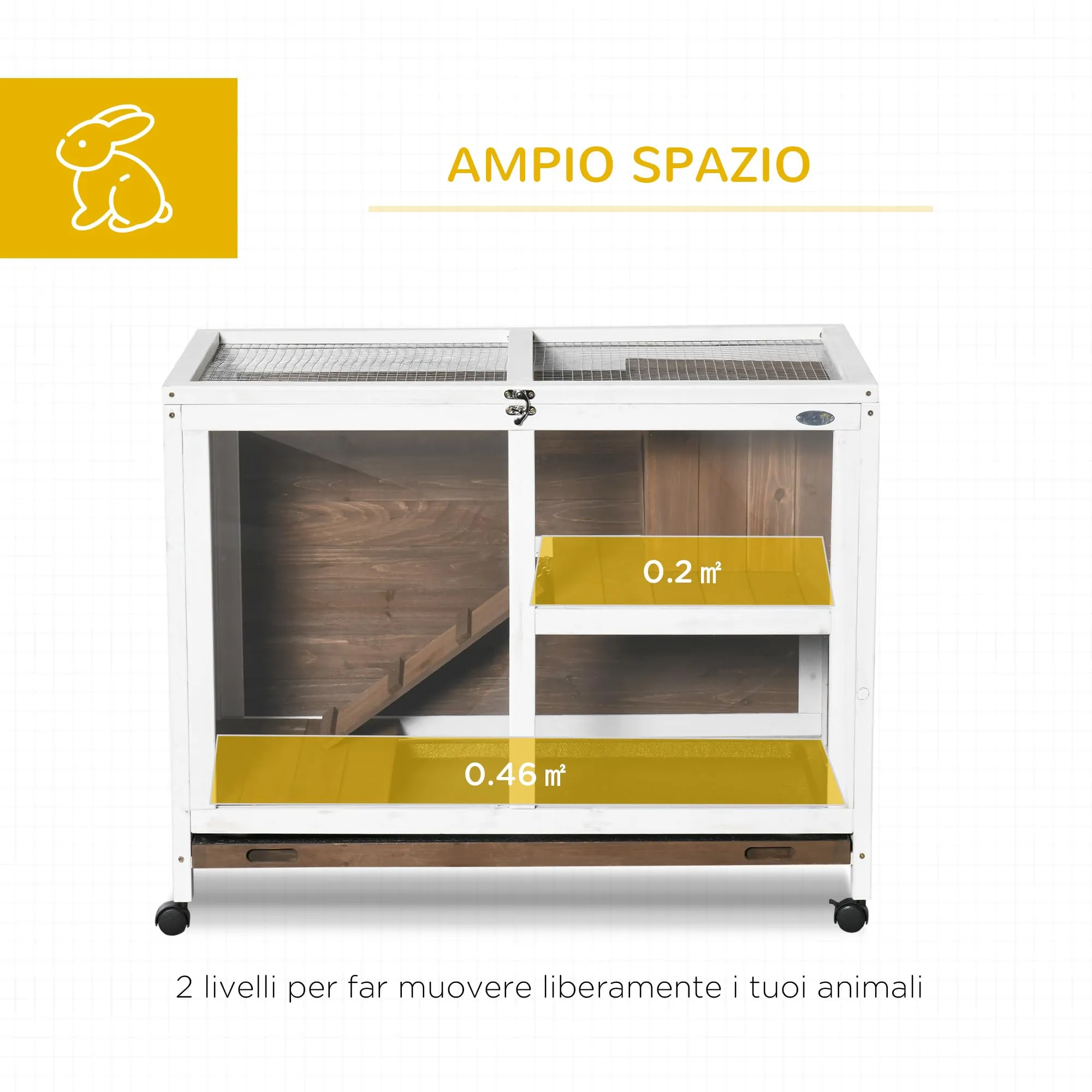 PawHut Conigliera in Legno a 2 Livelli Casetta 91.5x53.3x73cm Marrone - immagine 3