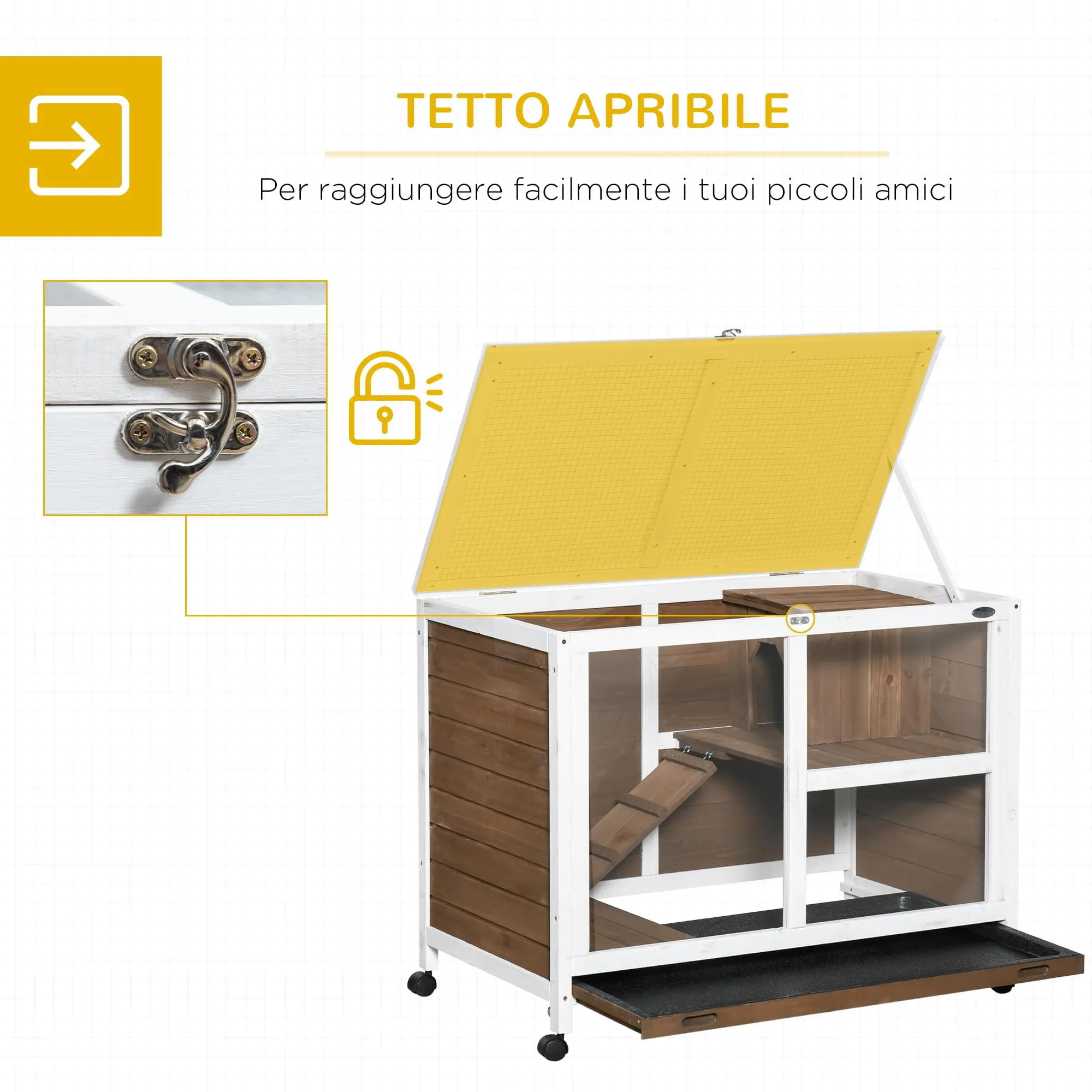 PawHut Conigliera in Legno a 2 Livelli Casetta 91.5x53.3x73cm Marrone - immagine 4