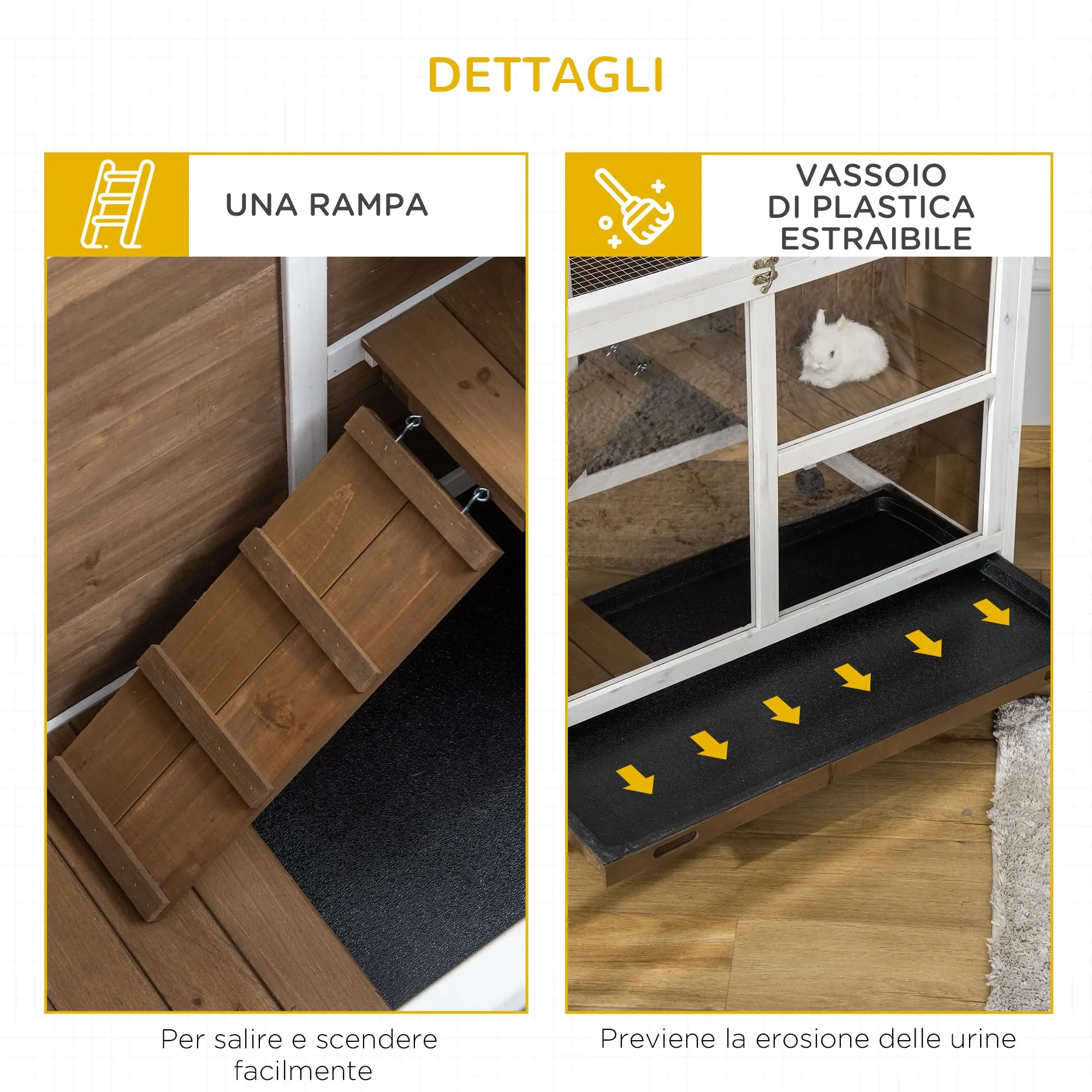 PawHut Conigliera in Legno a 2 Livelli Casetta 91.5x53.3x73cm Marrone - immagine 6