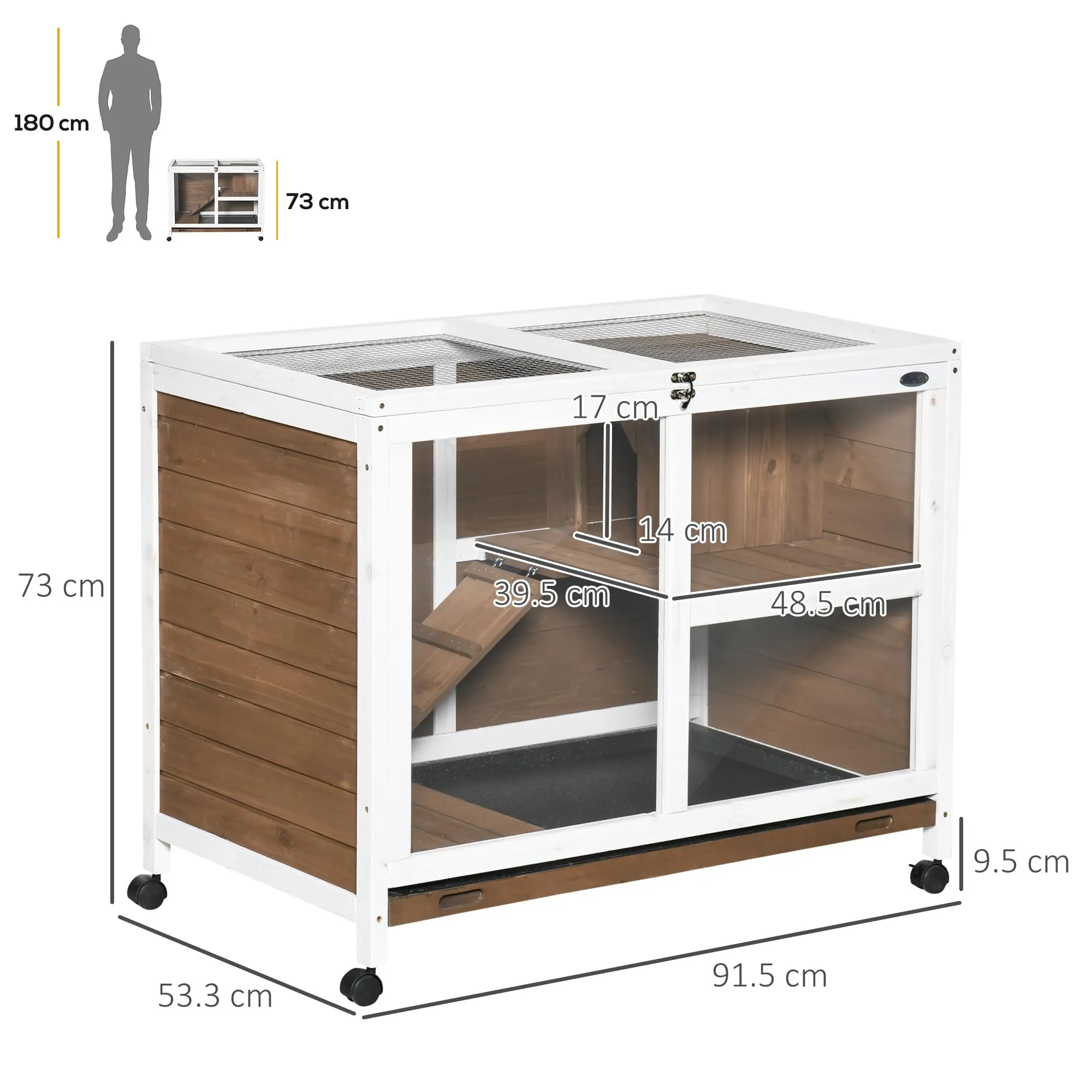 PawHut Conigliera in Legno a 2 Livelli Casetta 91.5x53.3x73cm Marrone - immagine 7