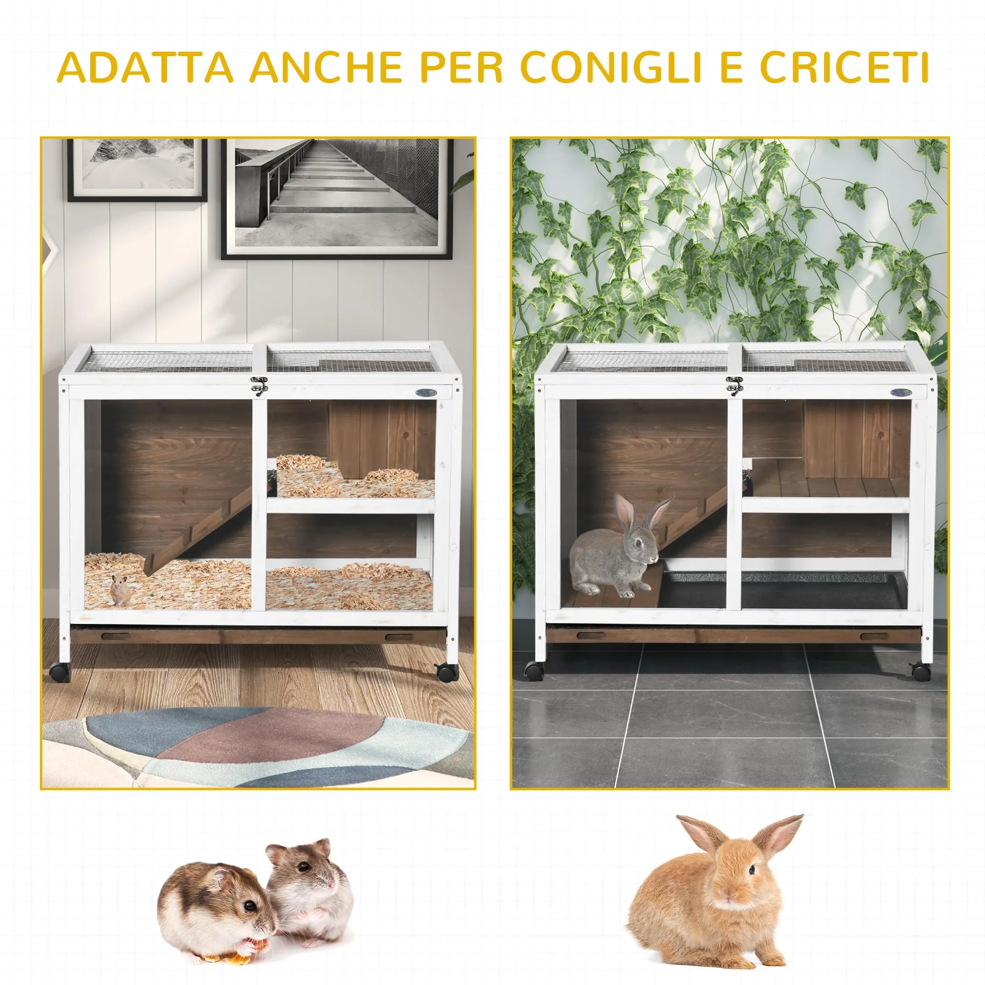 PawHut Conigliera in Legno a 2 Livelli Casetta 91.5x53.3x73cm Marrone - immagine 8