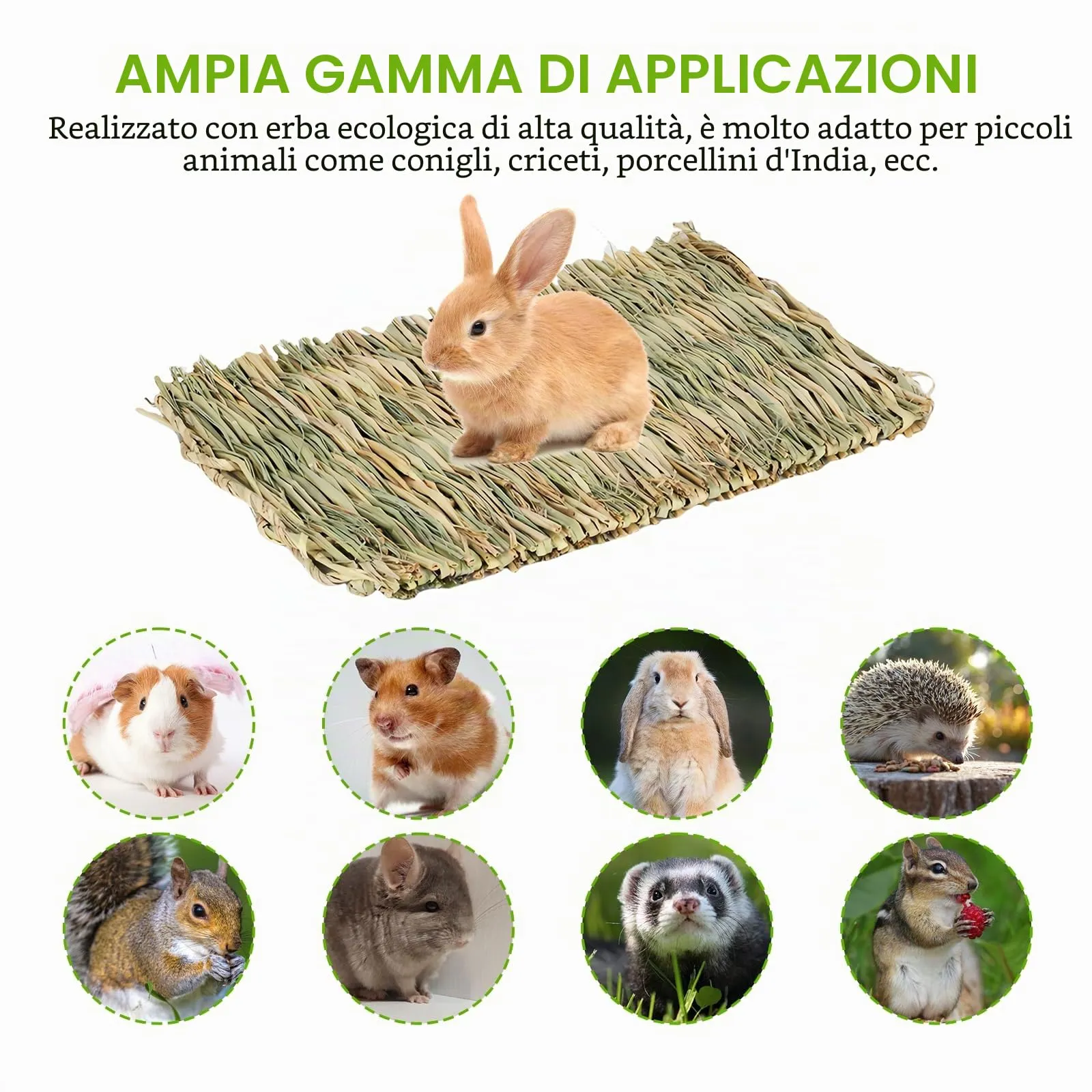 WANDGU Confezione da 6 tappetini in erba per piccoli animali: tappetino in erba naturale intrecciato a mano, tappetino in erba per conigli, letto per conigli, giocattolo da masticare commestibile - immagine 7