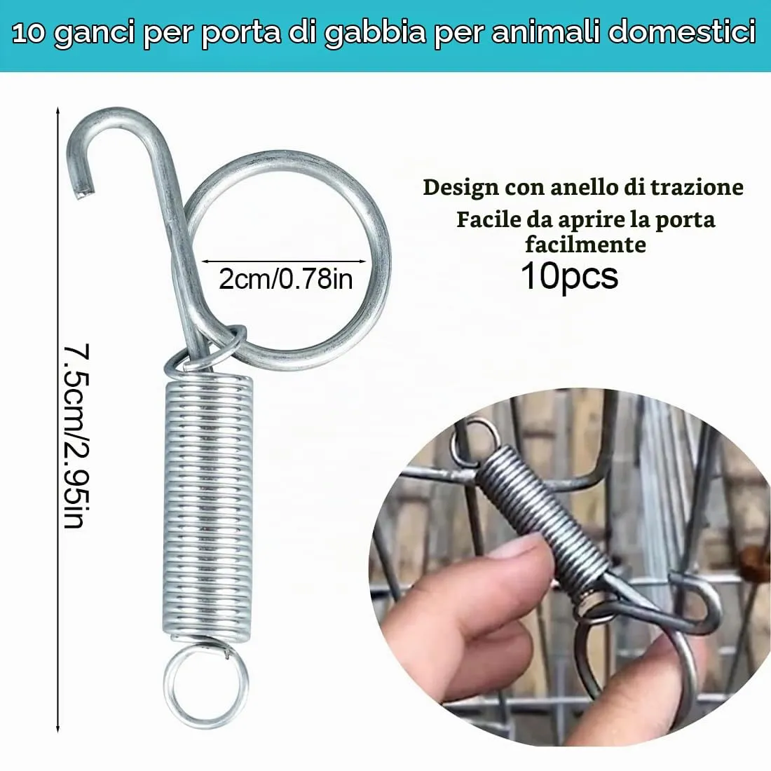 BEPSYOM Cani Gabbia Porta Gancia Molla,10 pzganci a Molla per Gabbia per Conigli,bbia Porta a Molla Gancio,Fissaggio Pet Gabbie Porta per Porte Roditori Criceti Scoiattoli Uccelli - immagine 2