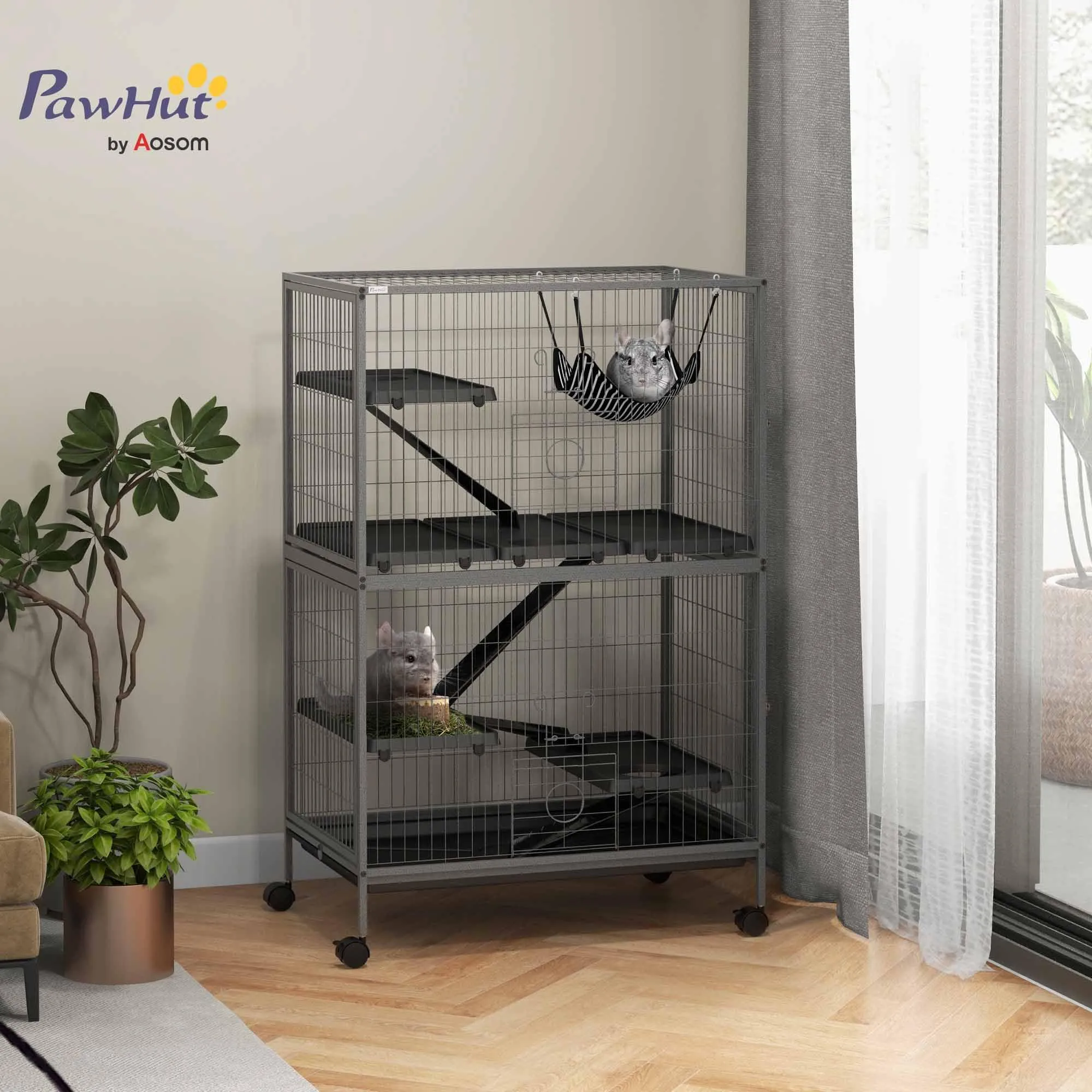 PawHut Gabbia per Animali Piccoli 4 Ingressi 80x52x128cm Argento Grigio - immagine 2