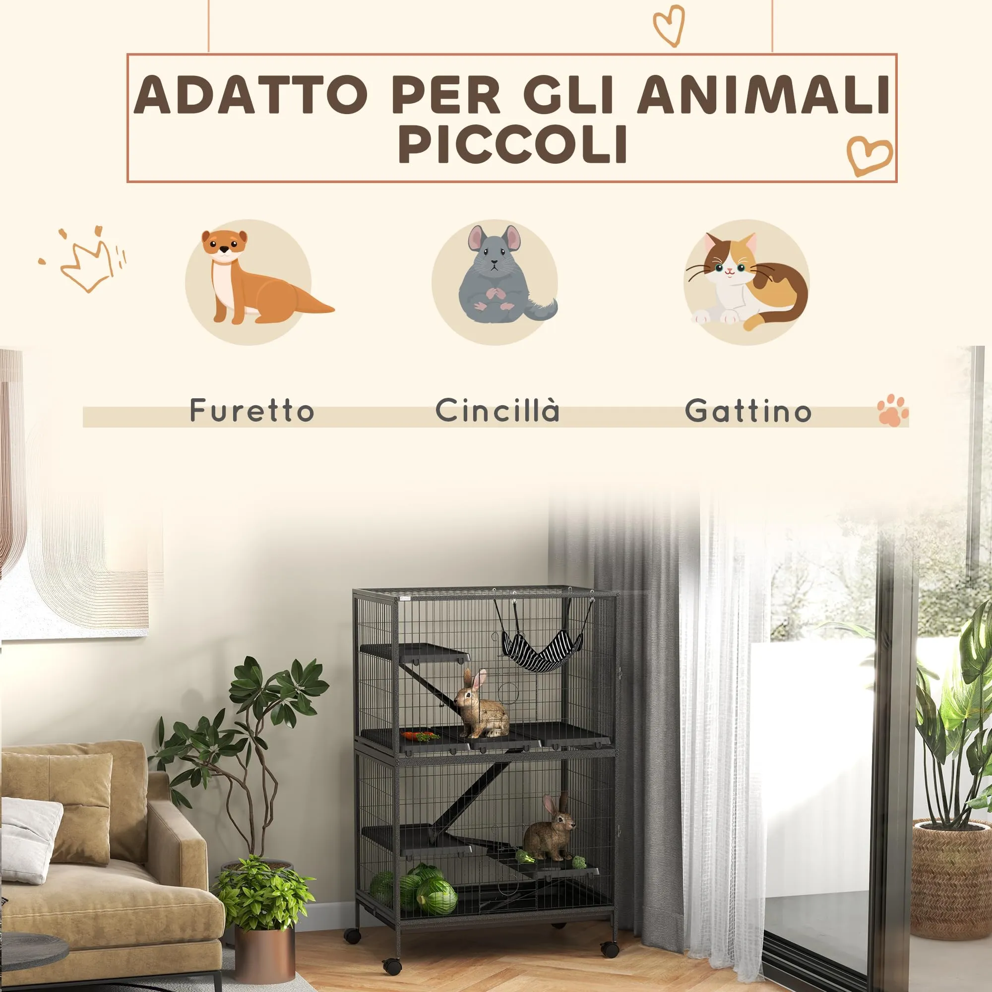 PawHut Gabbia per Animali Piccoli 4 Ingressi 80x52x128cm Argento Grigio - immagine 3