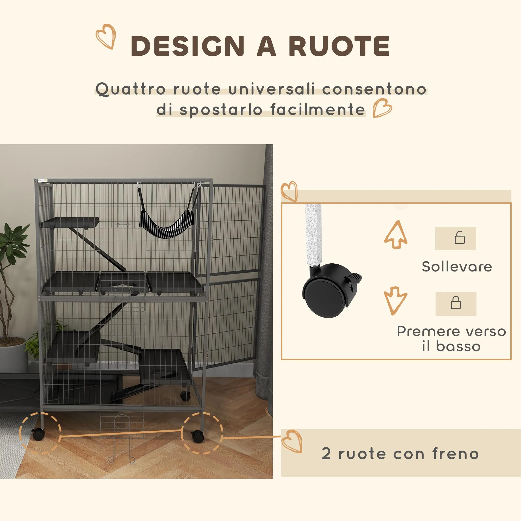 PawHut Gabbia per Animali Piccoli 4 Ingressi 80x52x128cm Argento Grigio - immagine 4