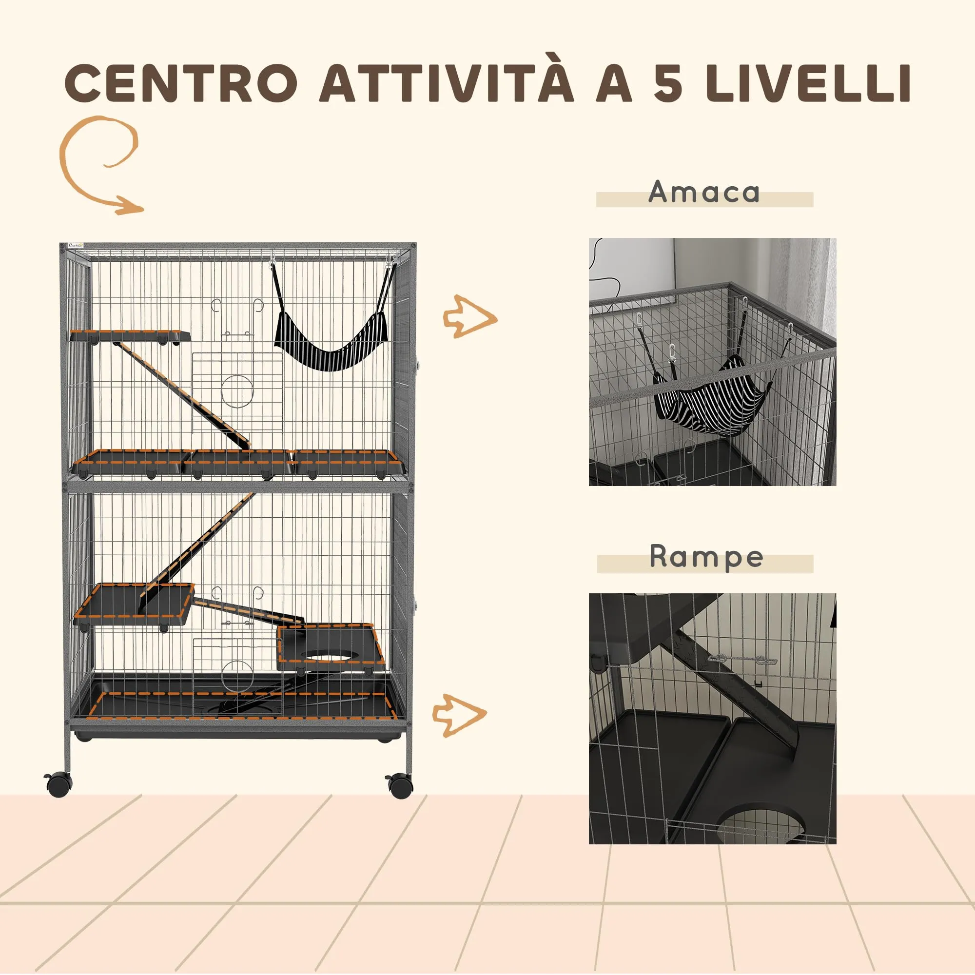 PawHut Gabbia per Animali Piccoli 4 Ingressi 80x52x128cm Argento Grigio - immagine 5