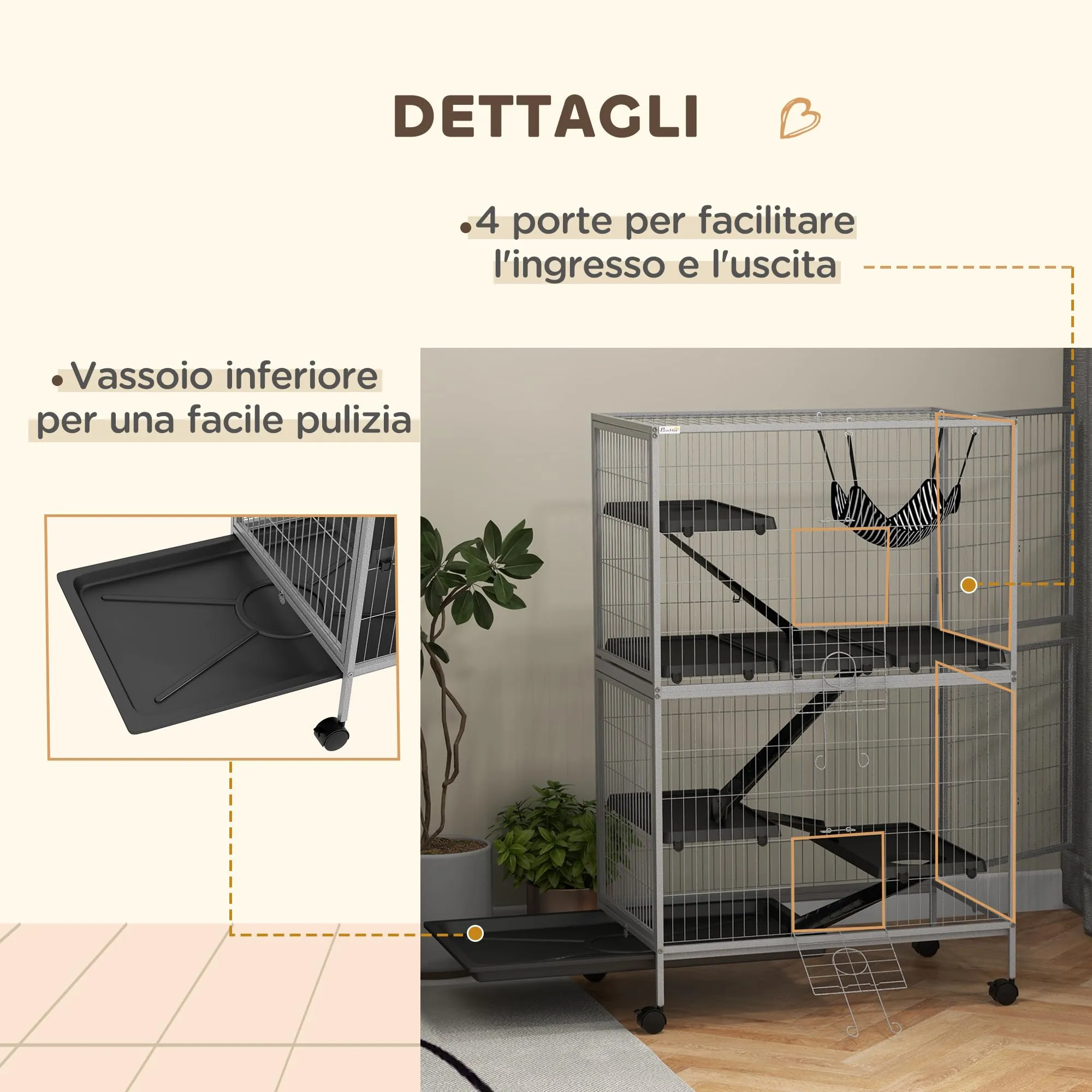 PawHut Gabbia per Animali Piccoli 4 Ingressi 80x52x128cm Argento Grigio - immagine 6