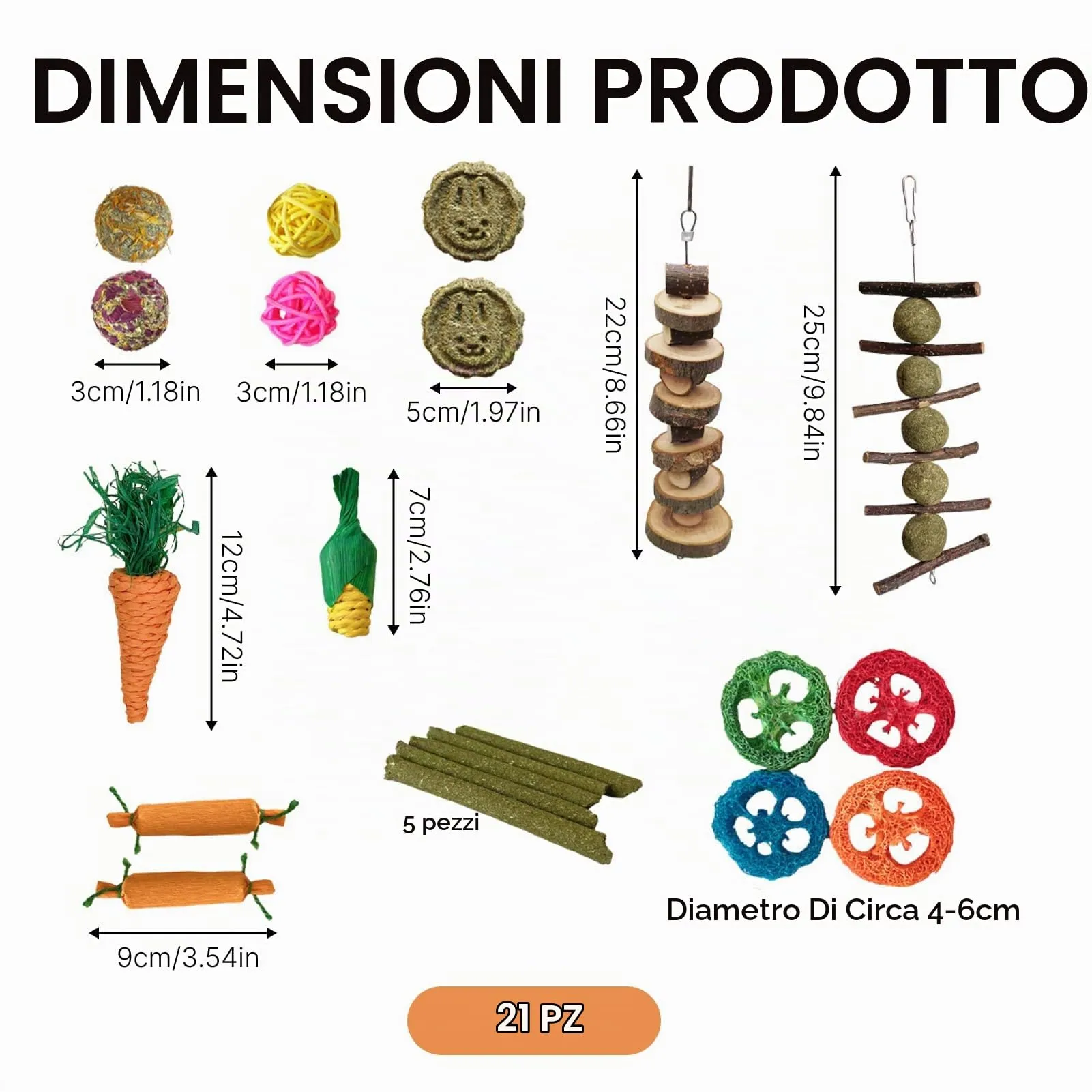 RowGlow 21 Pz Giocattoli per Coniglio, Giocattoli da Masticare per Coniglio, Criceto, Porcellino d'India e Cincillà, Giochi per Roditori Bastoncino Fieno Timoteo Bastoncino Melo Palle di Rattan per - immagine 2