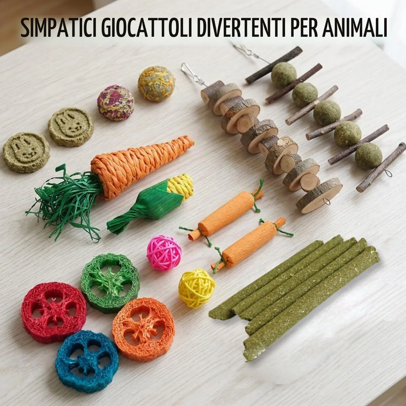 RowGlow 21 Pz Giocattoli per Coniglio, Giocattoli da Masticare per Coniglio, Criceto, Porcellino d'India e Cincillà, Giochi per Roditori Bastoncino Fieno Timoteo Bastoncino Melo Palle di Rattan per - immagine 4