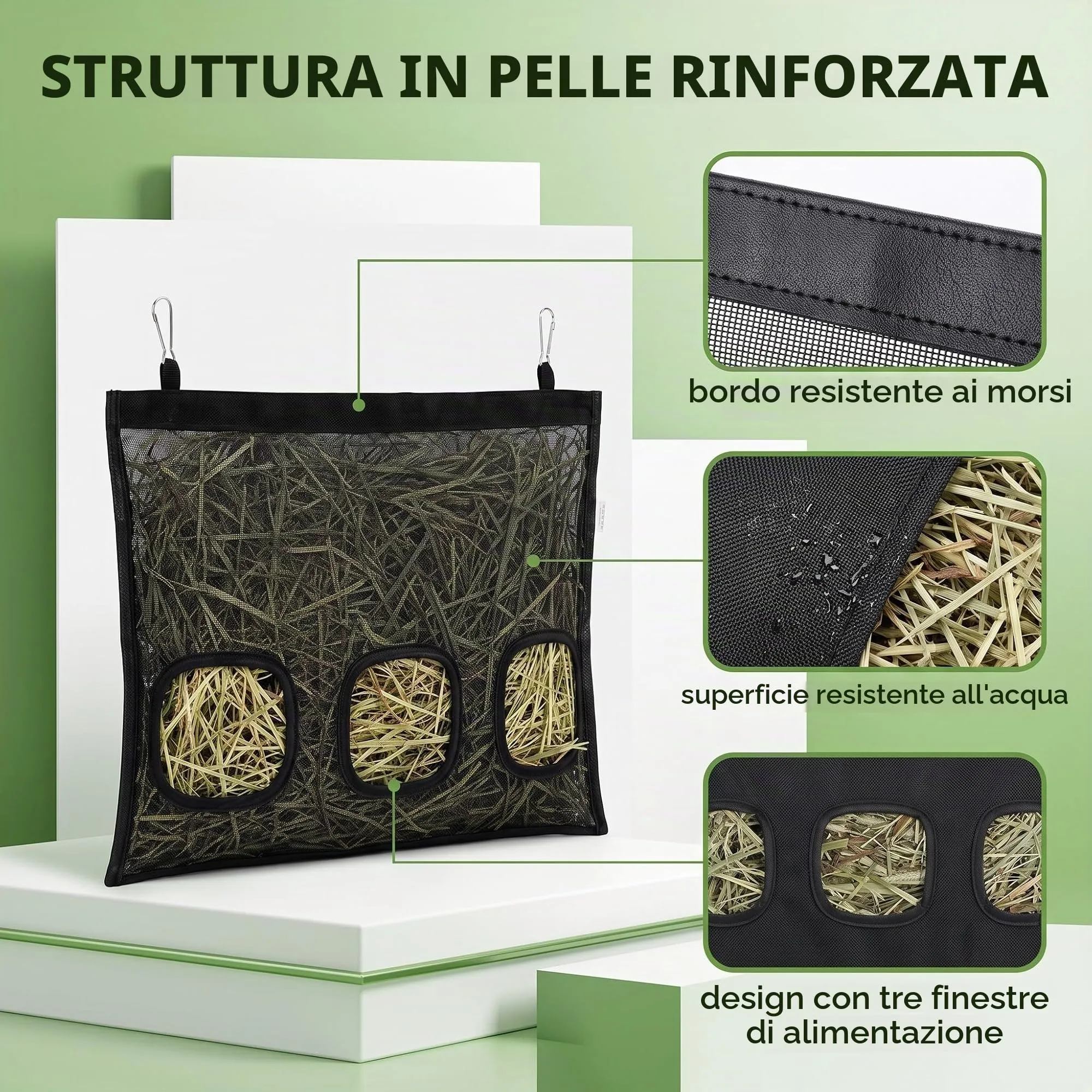 XUZOPIM Borsa Per Fieno, Portafieno Per Conigli, Fieniera Per Conigli, Pettorina Coniglio Nano, Mangiatoia Per Cavie (3 Fori) - immagine 3