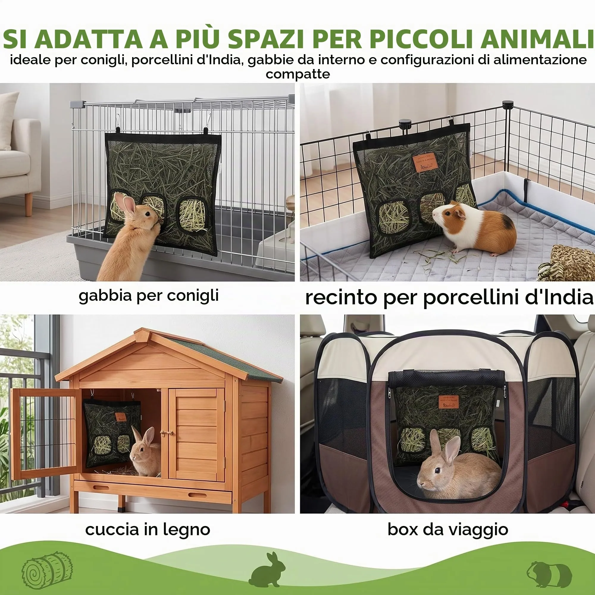 XUZOPIM Borsa Per Fieno, Portafieno Per Conigli, Fieniera Per Conigli, Pettorina Coniglio Nano, Mangiatoia Per Cavie (3 Fori) - immagine 4