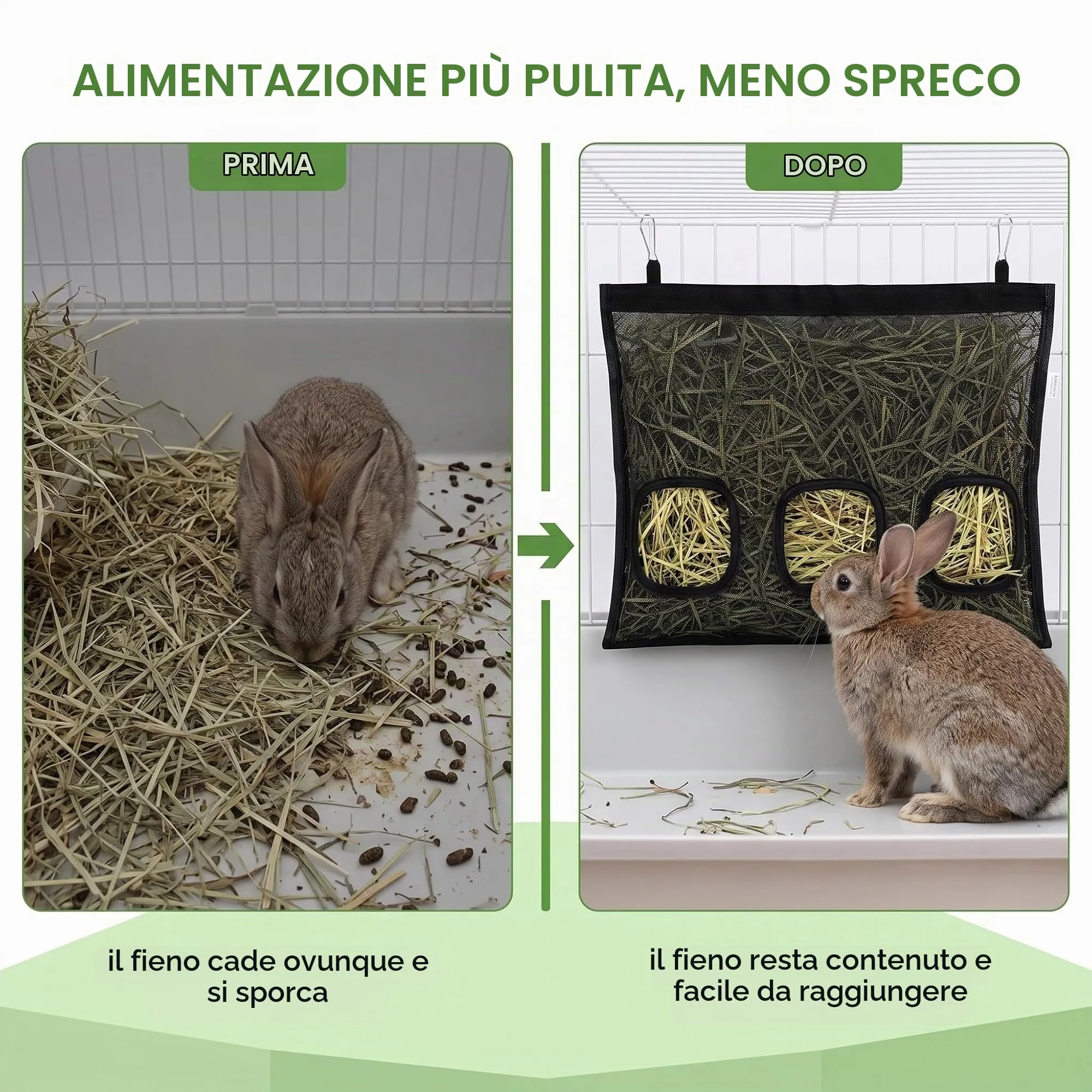 XUZOPIM Borsa Per Fieno, Portafieno Per Conigli, Fieniera Per Conigli, Pettorina Coniglio Nano, Mangiatoia Per Cavie (3 Fori) - immagine 5