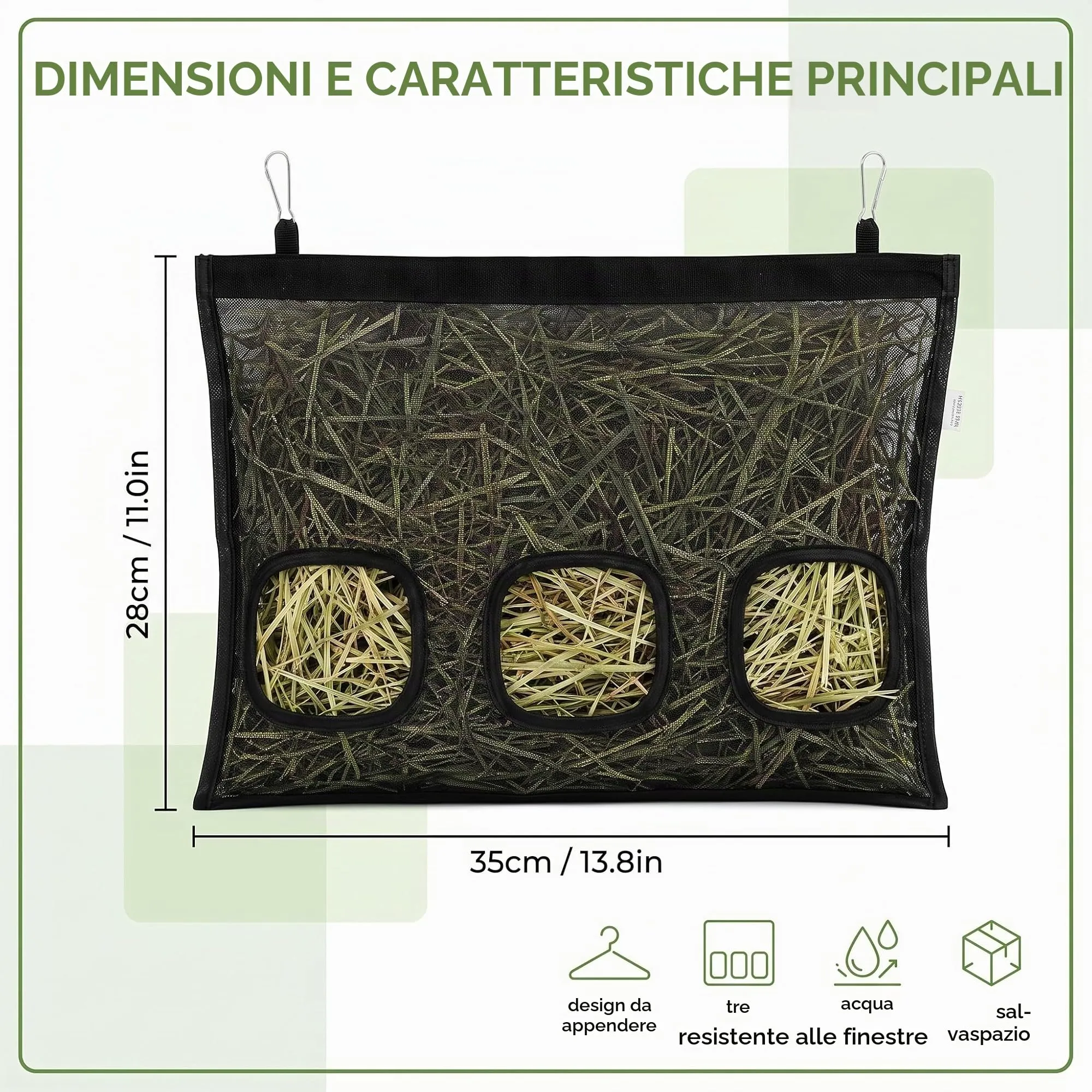 XUZOPIM Borsa Per Fieno, Portafieno Per Conigli, Fieniera Per Conigli, Pettorina Coniglio Nano, Mangiatoia Per Cavie (3 Fori) - immagine 6