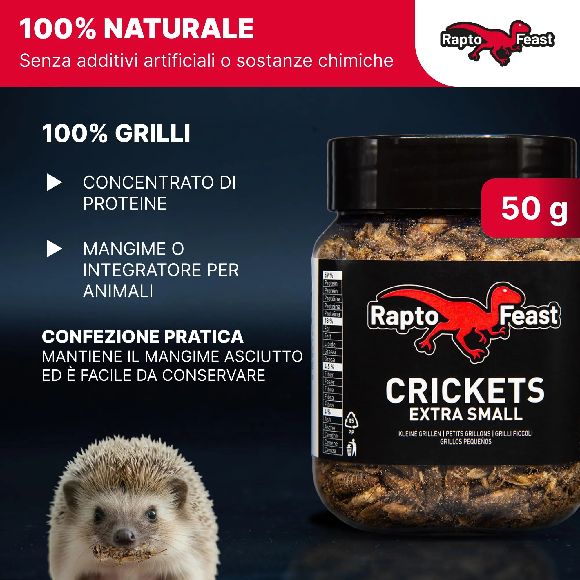 Rapto Feast Grilli Essiccati Extra Piccoli 50g - Mangime Naturale | Insetti Ricchi di Proteine | Rettili, Tartarughe, Ricci e Piccoli Mammiferi | Snack Occasionale per Gechi e Draghi Barbuti - immagine 2