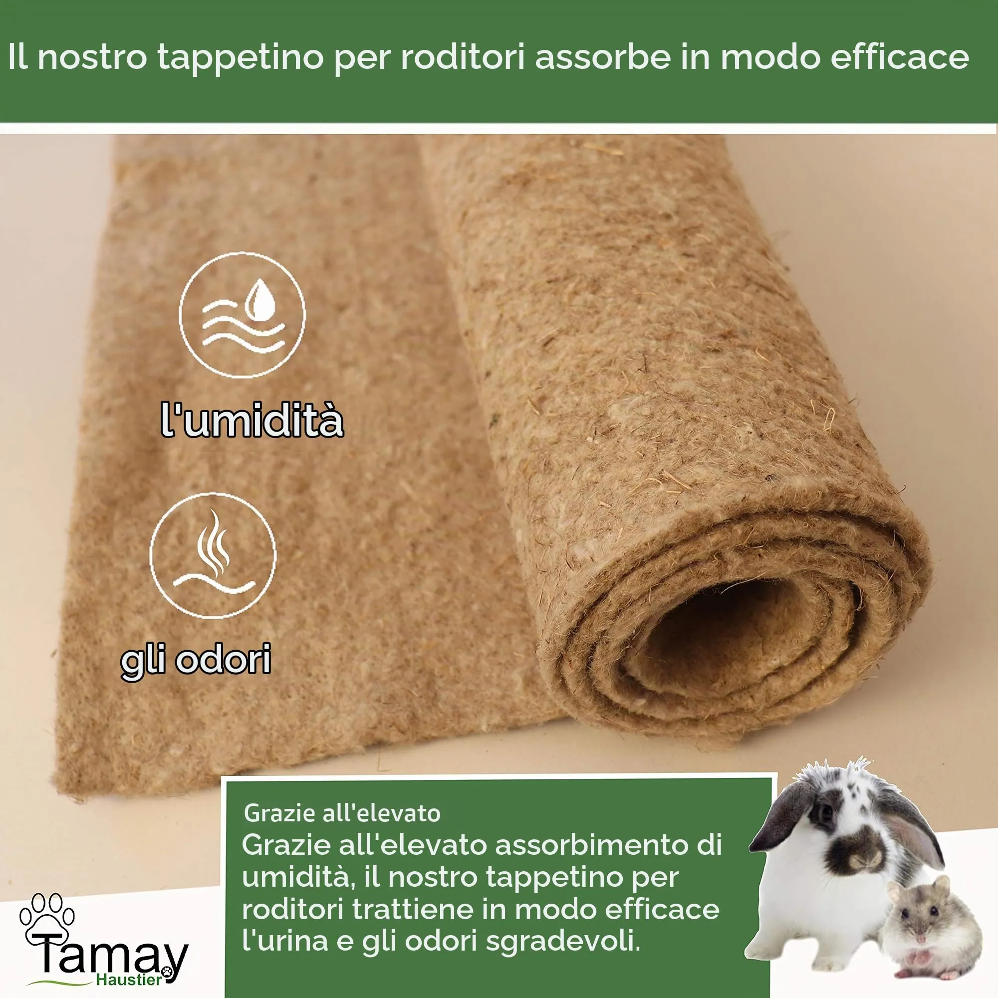 Tamay Tappetini per roditori in 100% canapa, 100 x 50 cm, tappeto per roditori di alta qualità, per conigli, porcellini d'India, piccoli animali, in canapa naturale per roditori (2 pezzi) - immagine 2
