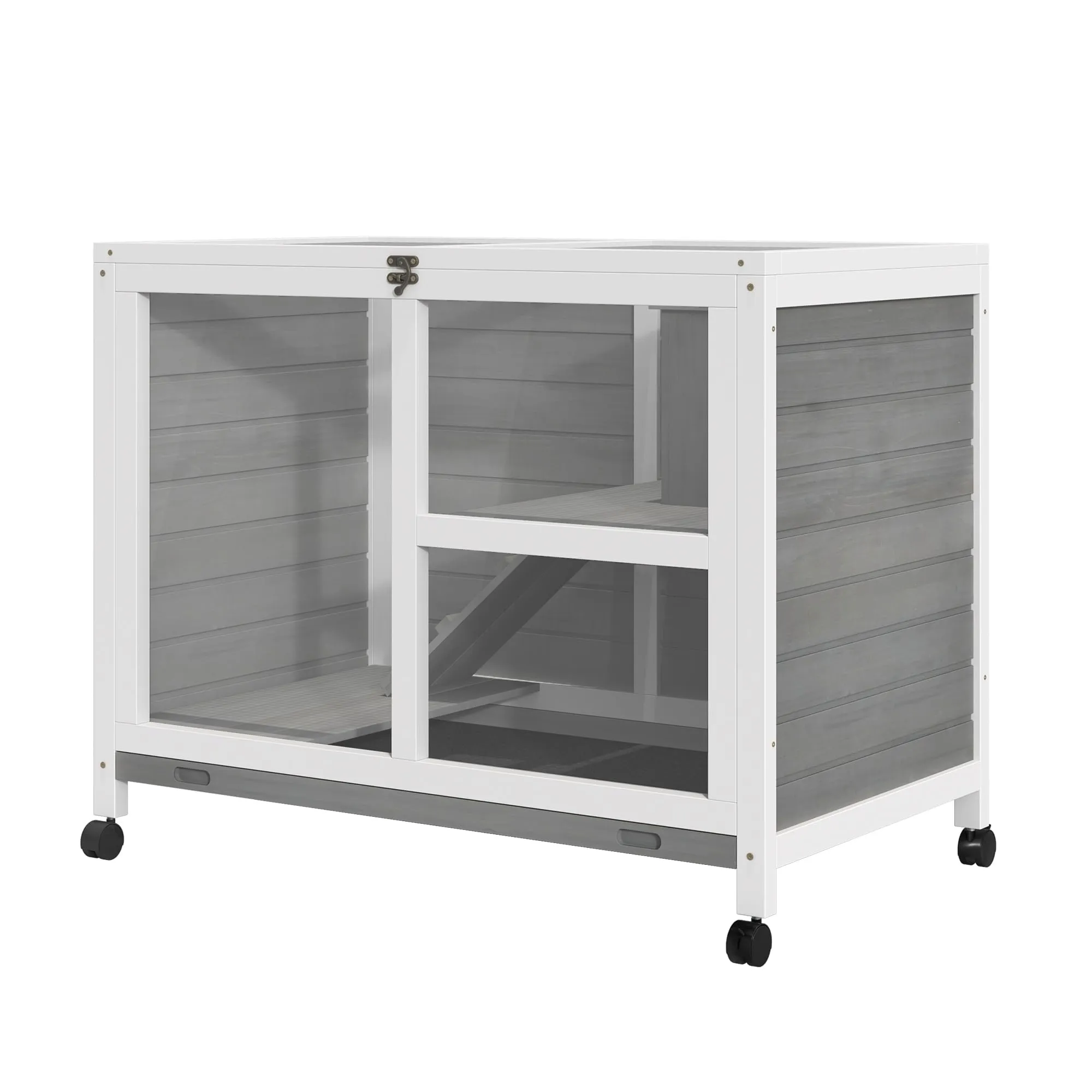 PawHut Conigliera in Legno a 2 Livelli Casetta 91.5x53.3x73cm Grigio - immagine 1