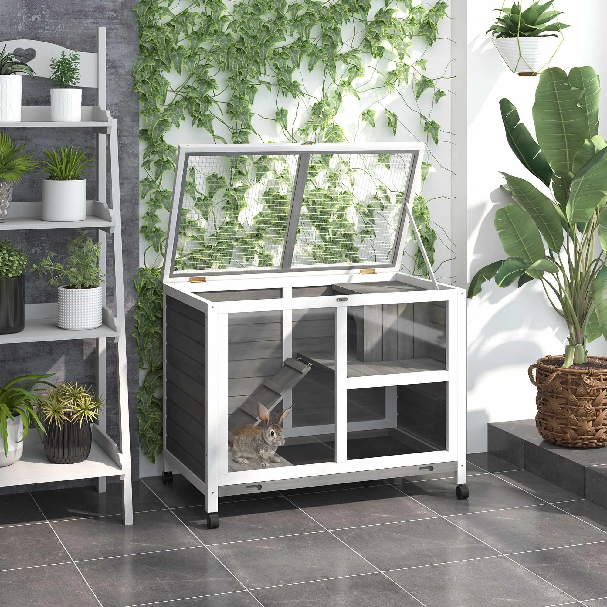 PawHut Conigliera in Legno a 2 Livelli Casetta 91.5x53.3x73cm Grigio - immagine 2
