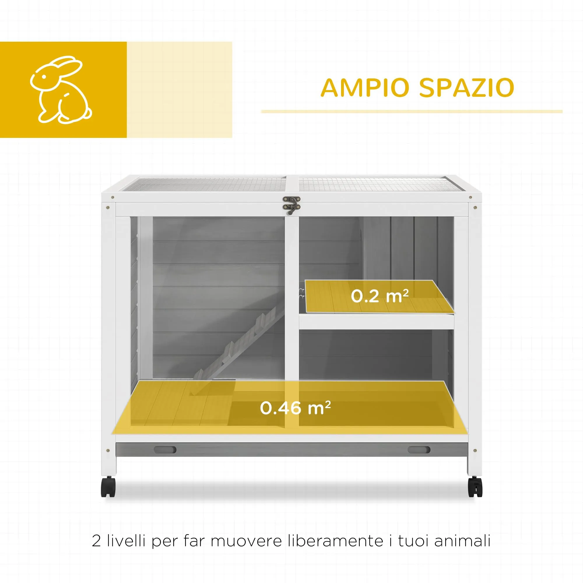 PawHut Conigliera in Legno a 2 Livelli Casetta 91.5x53.3x73cm Grigio - immagine 3