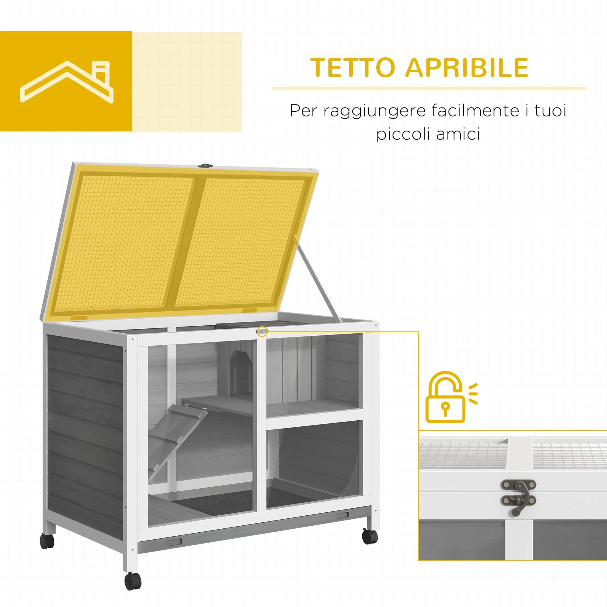 PawHut Conigliera in Legno a 2 Livelli Casetta 91.5x53.3x73cm Grigio - immagine 4