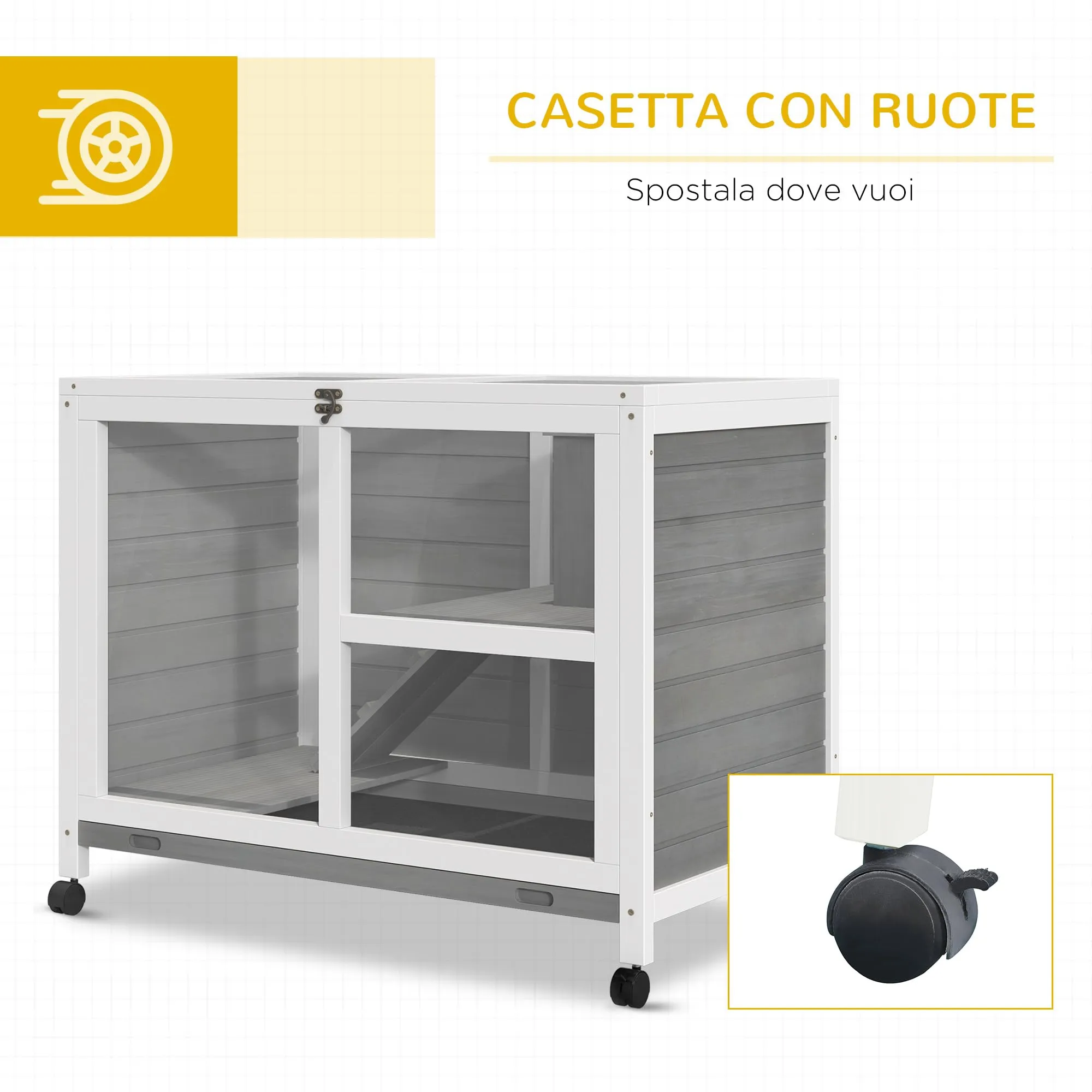 PawHut Conigliera in Legno a 2 Livelli Casetta 91.5x53.3x73cm Grigio - immagine 5