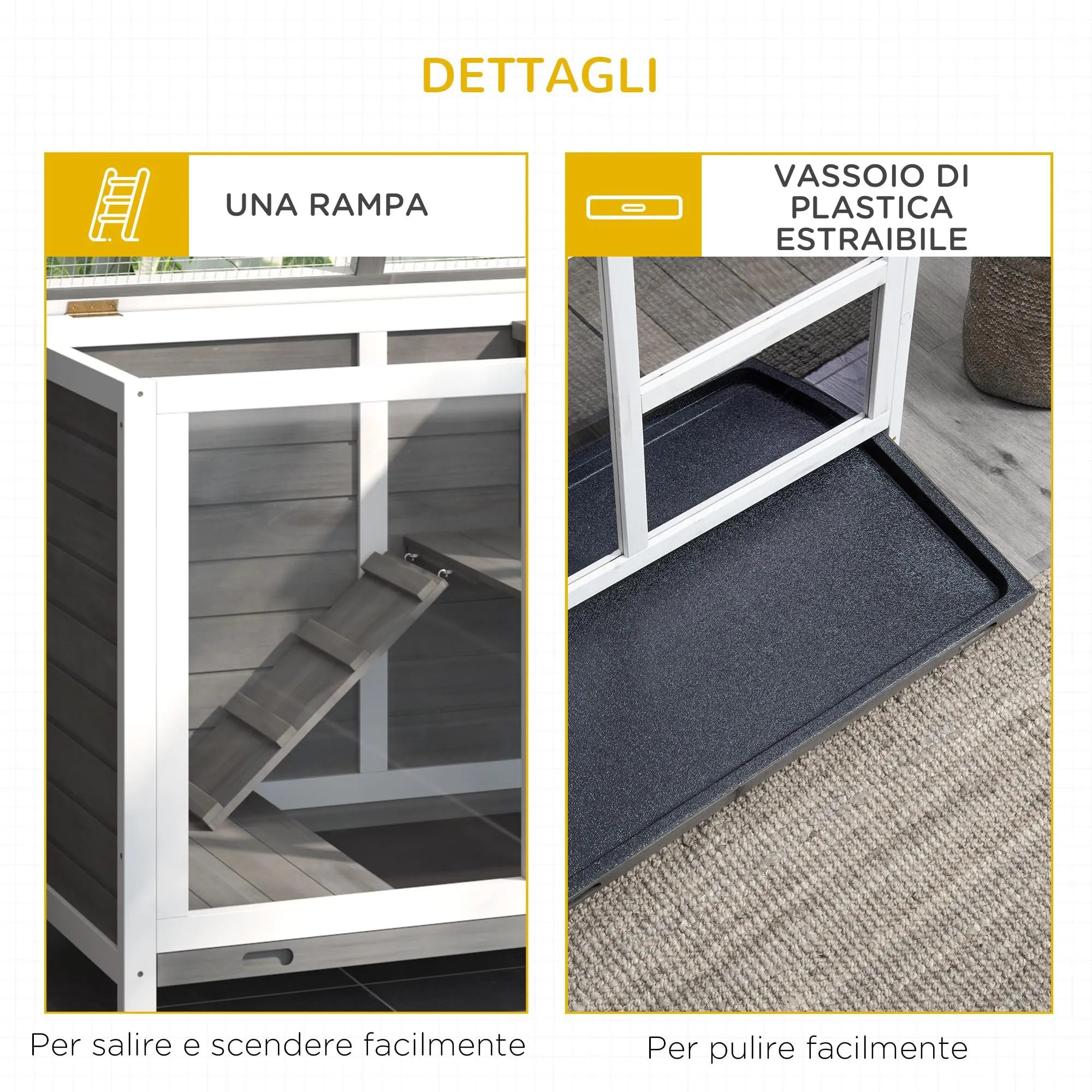 PawHut Conigliera in Legno a 2 Livelli Casetta 91.5x53.3x73cm Grigio - immagine 6