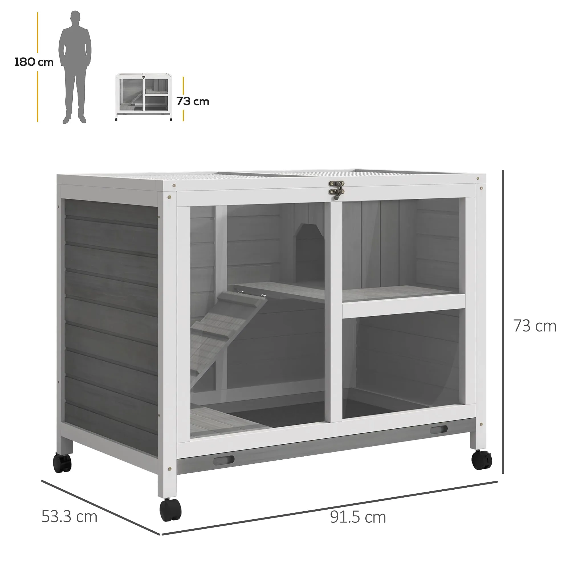 PawHut Conigliera in Legno a 2 Livelli Casetta 91.5x53.3x73cm Grigio - immagine 7