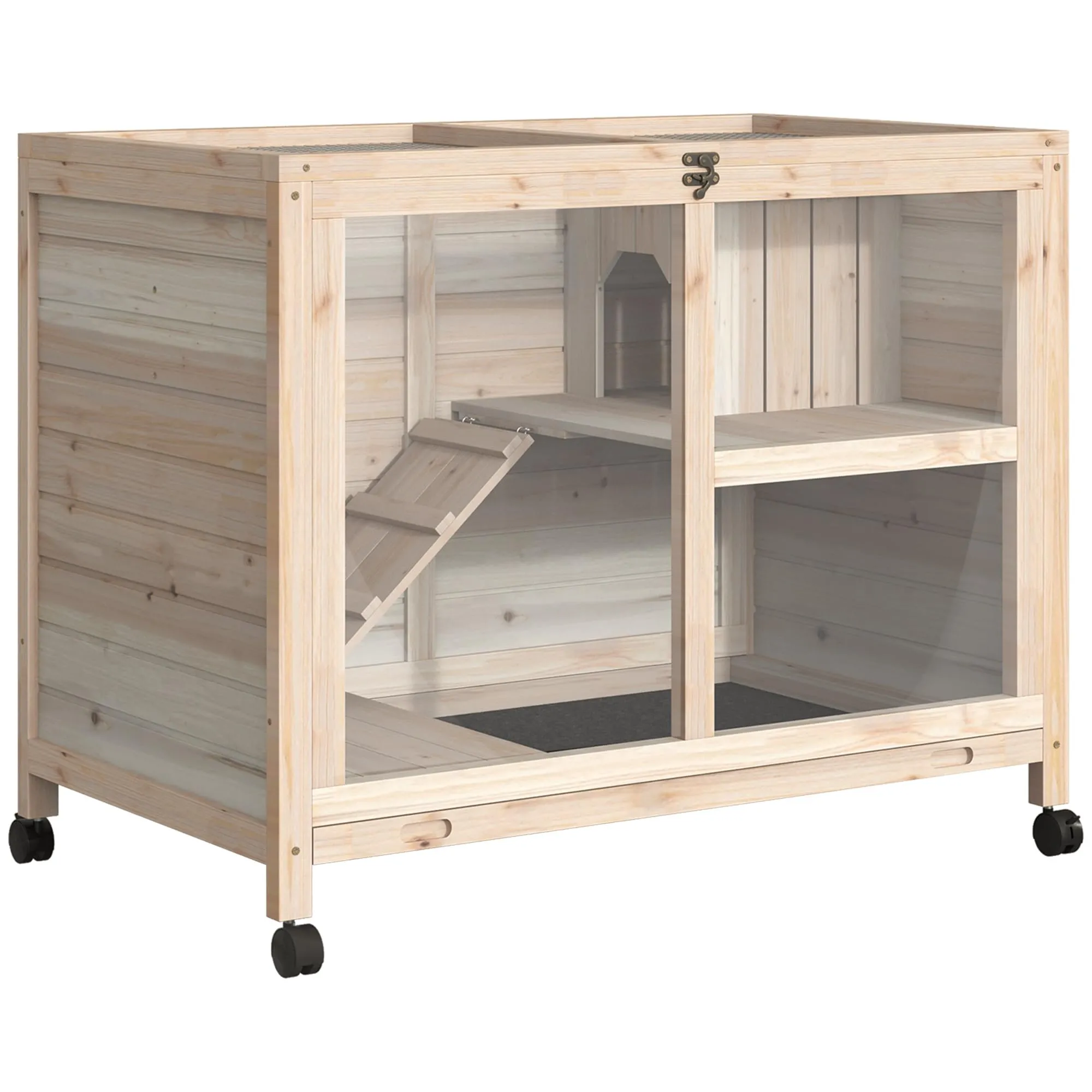 PawHut Conigliera in Legno a 2 Livelli Casetta 91.5x53.3x73cm Color Legno - immagine 1