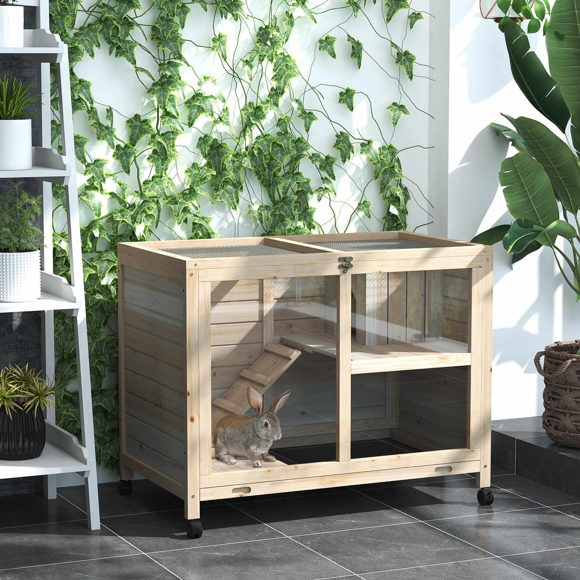 PawHut Conigliera in Legno a 2 Livelli Casetta 91.5x53.3x73cm Color Legno - immagine 2