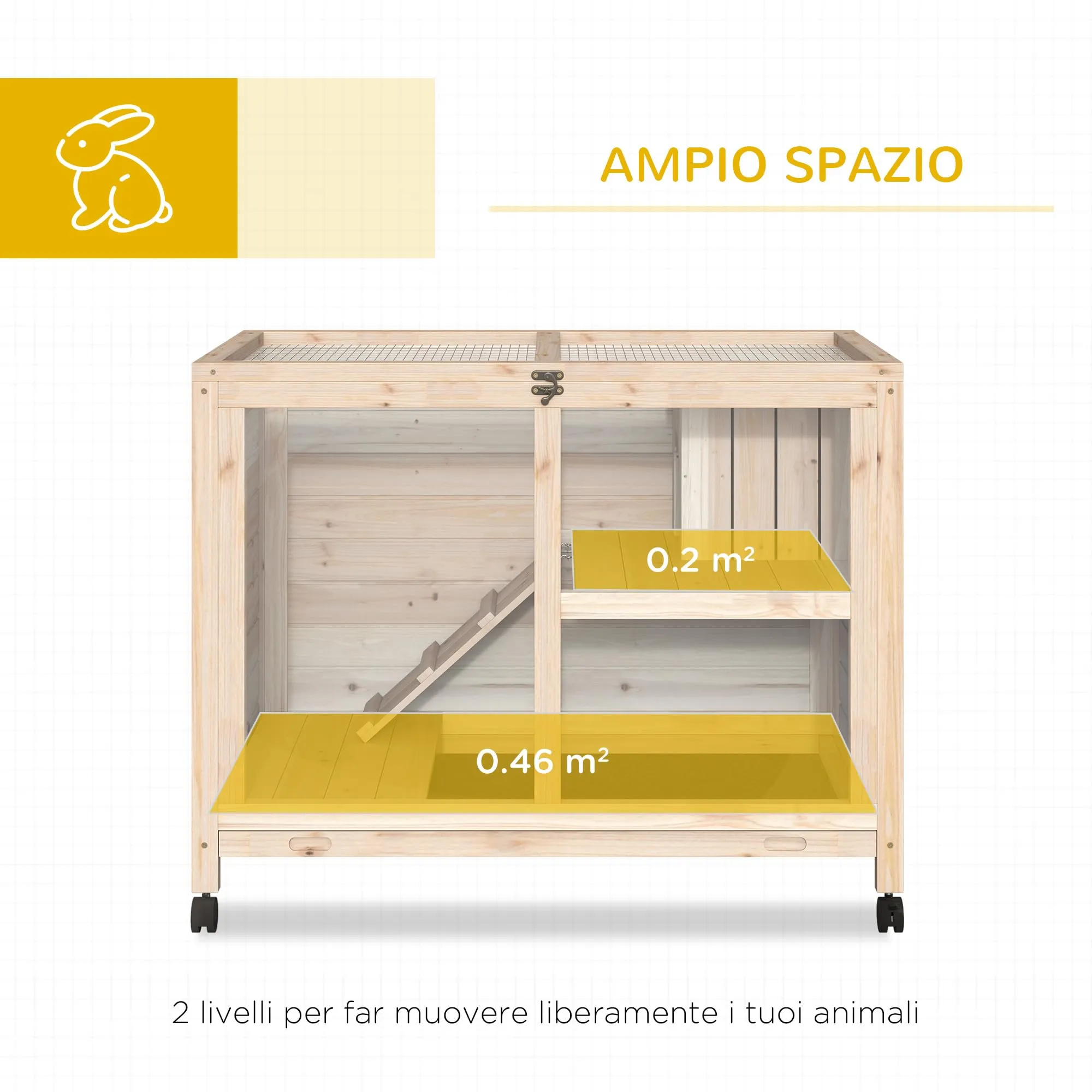 PawHut Conigliera in Legno a 2 Livelli Casetta 91.5x53.3x73cm Color Legno - immagine 3