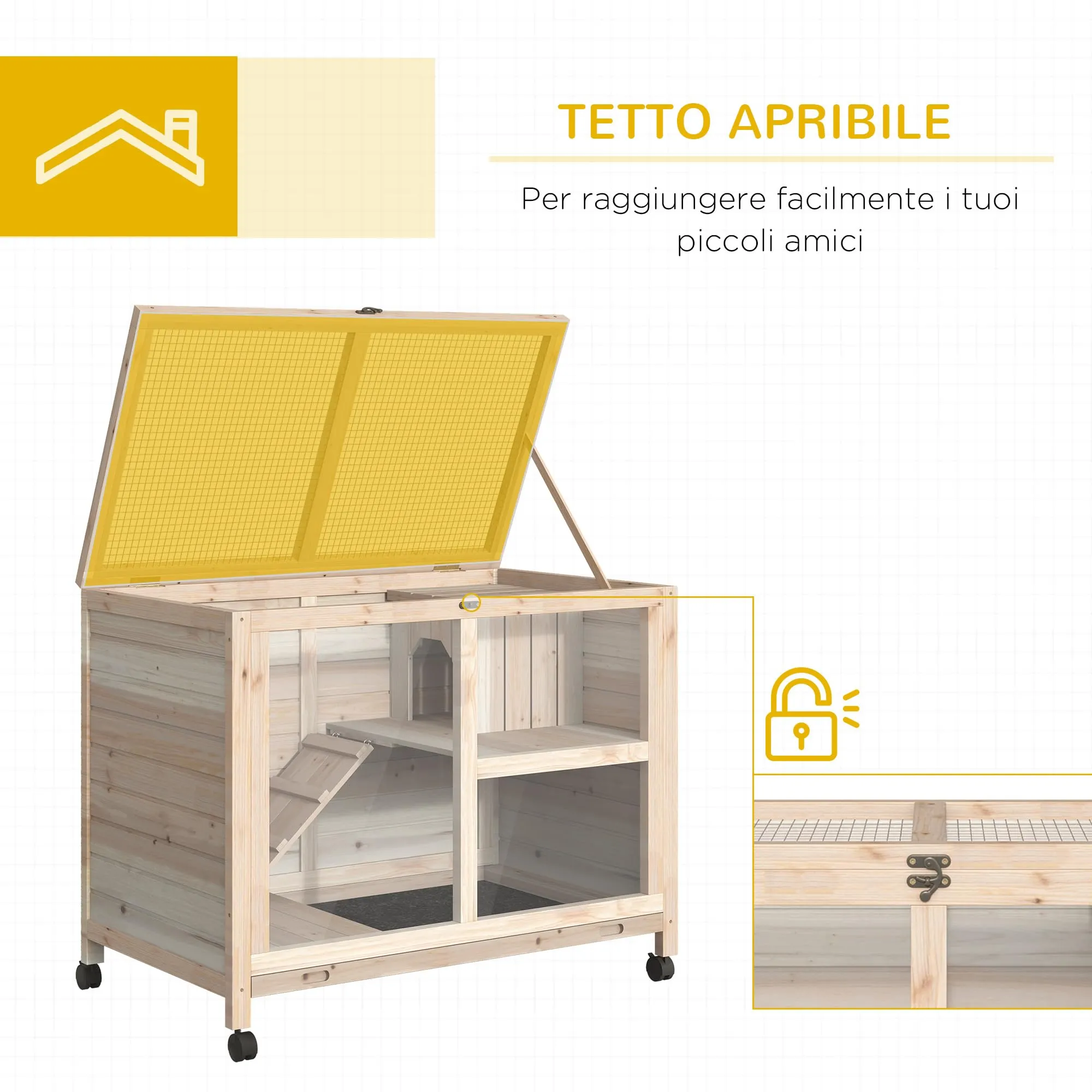 PawHut Conigliera in Legno a 2 Livelli Casetta 91.5x53.3x73cm Color Legno - immagine 4