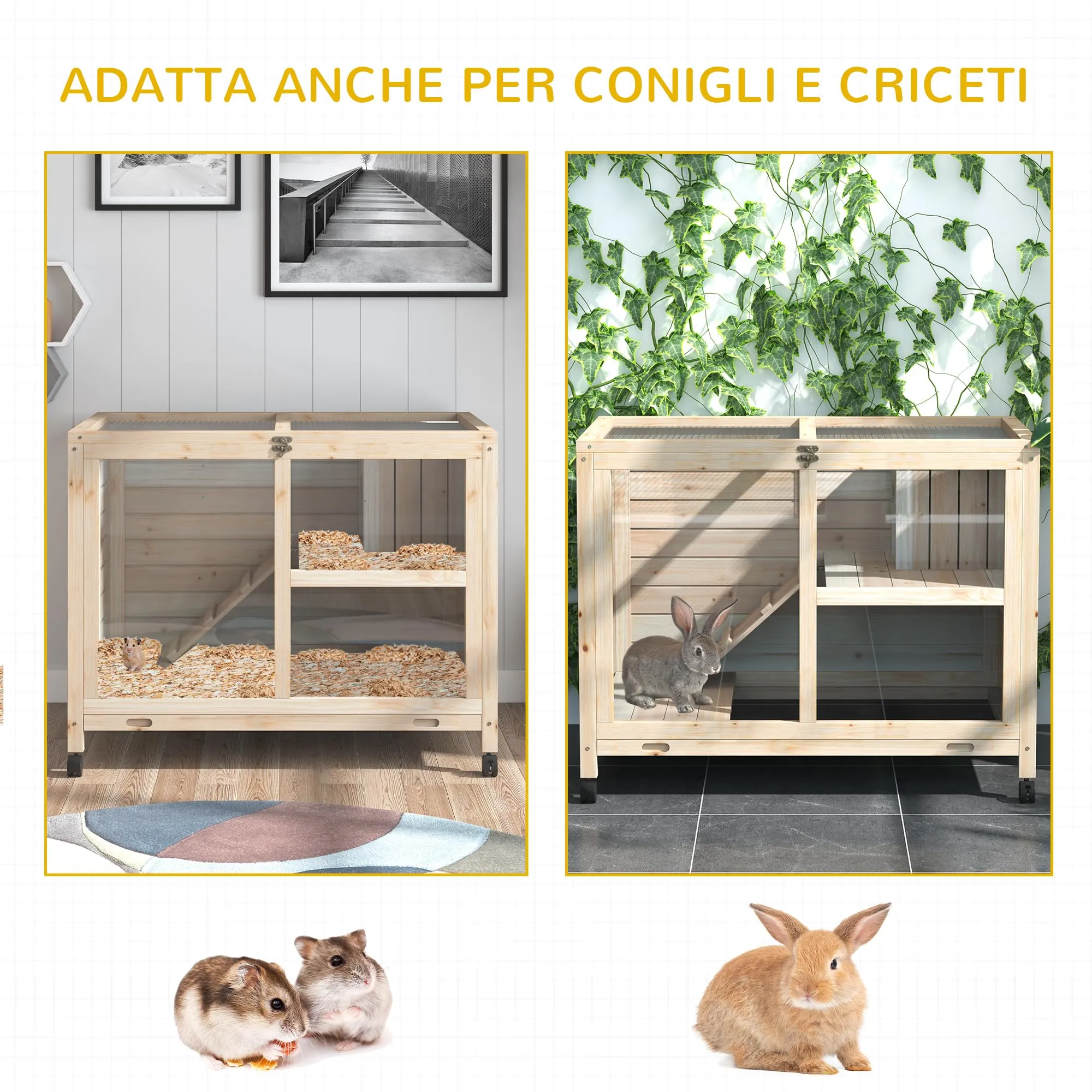 PawHut Conigliera in Legno a 2 Livelli Casetta 91.5x53.3x73cm Color Legno - immagine 7