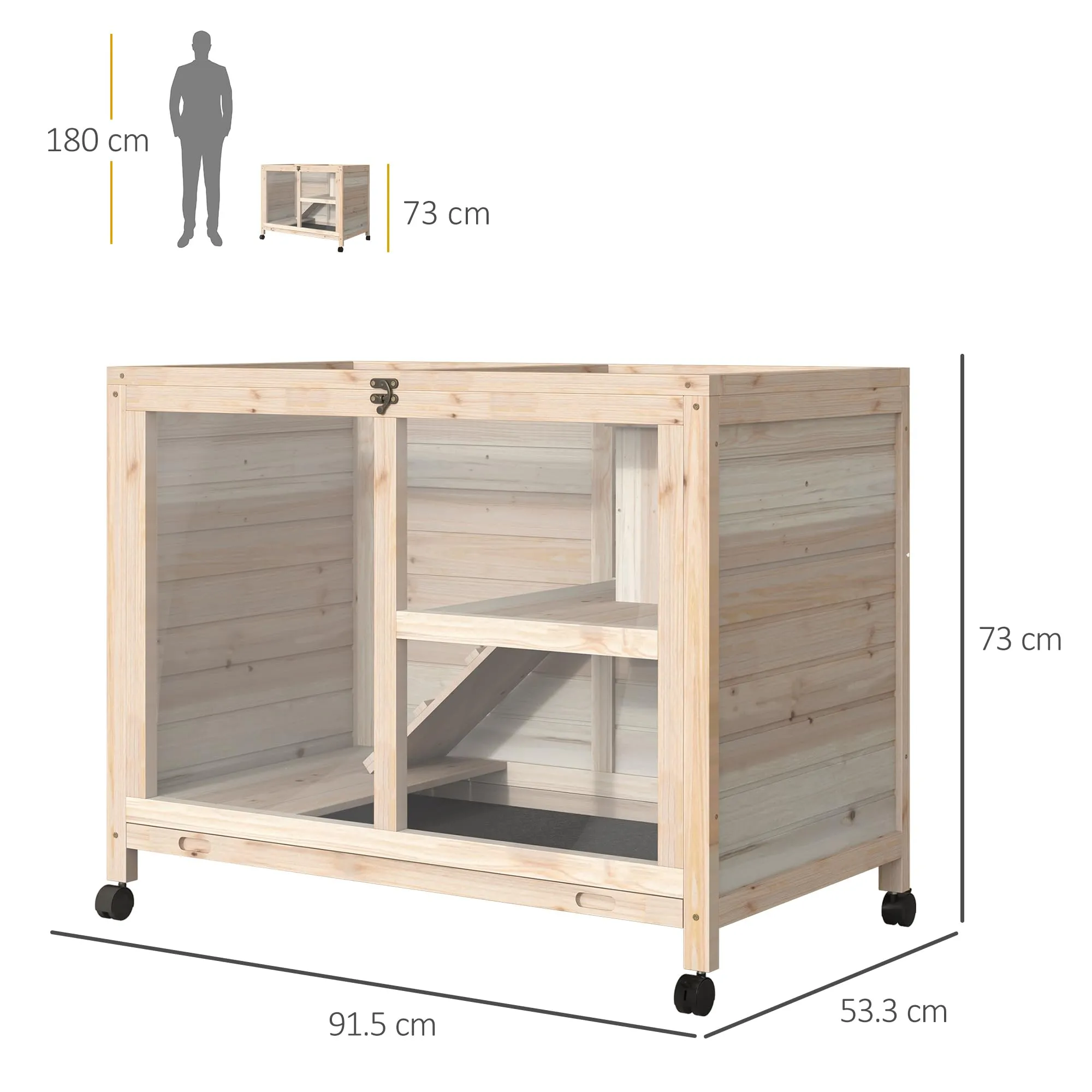 PawHut Conigliera in Legno a 2 Livelli Casetta 91.5x53.3x73cm Color Legno - immagine 8