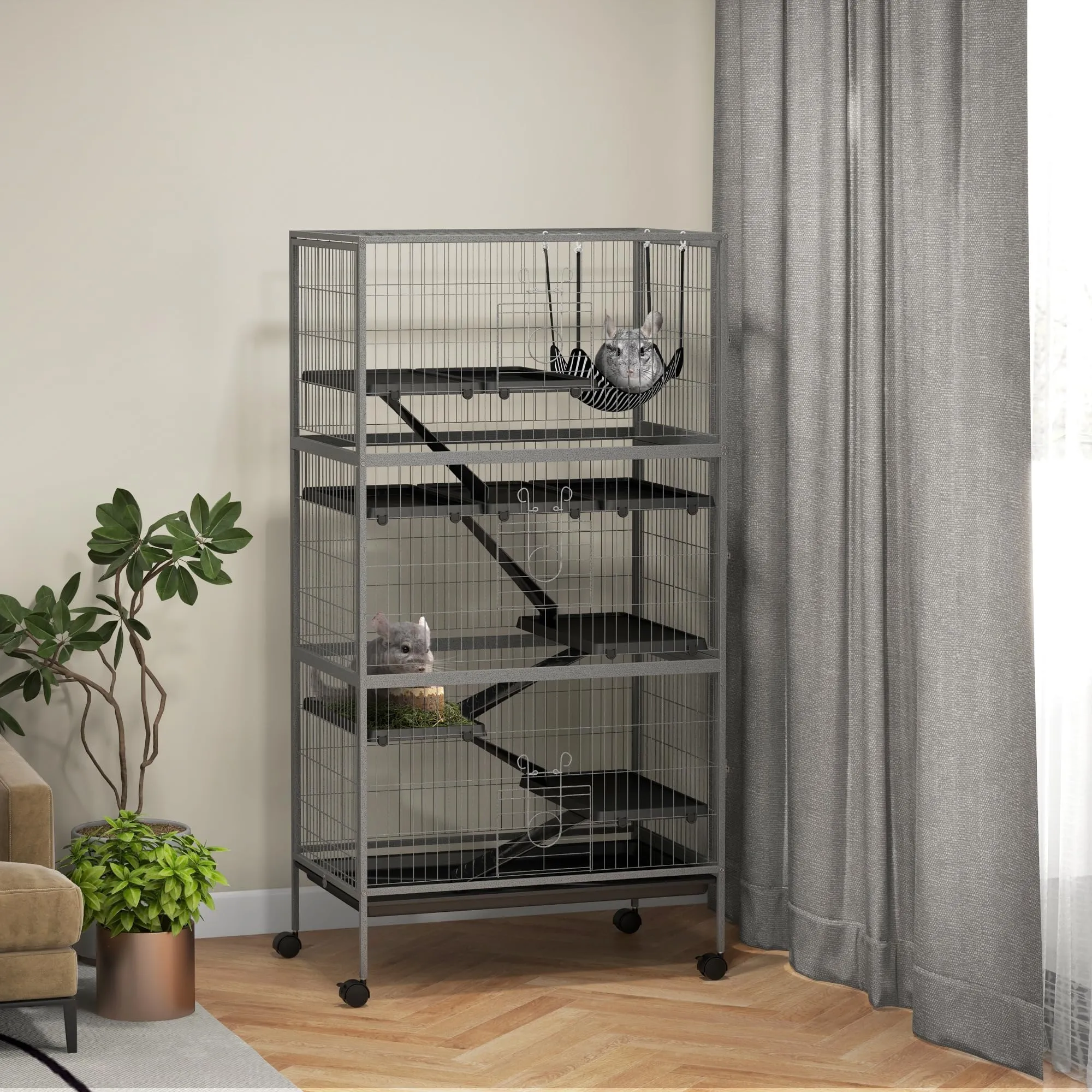 PawHut Gabbia per Animali Piccoli 6 Ingressi 80x52x159cm Argento Grigio - immagine 2