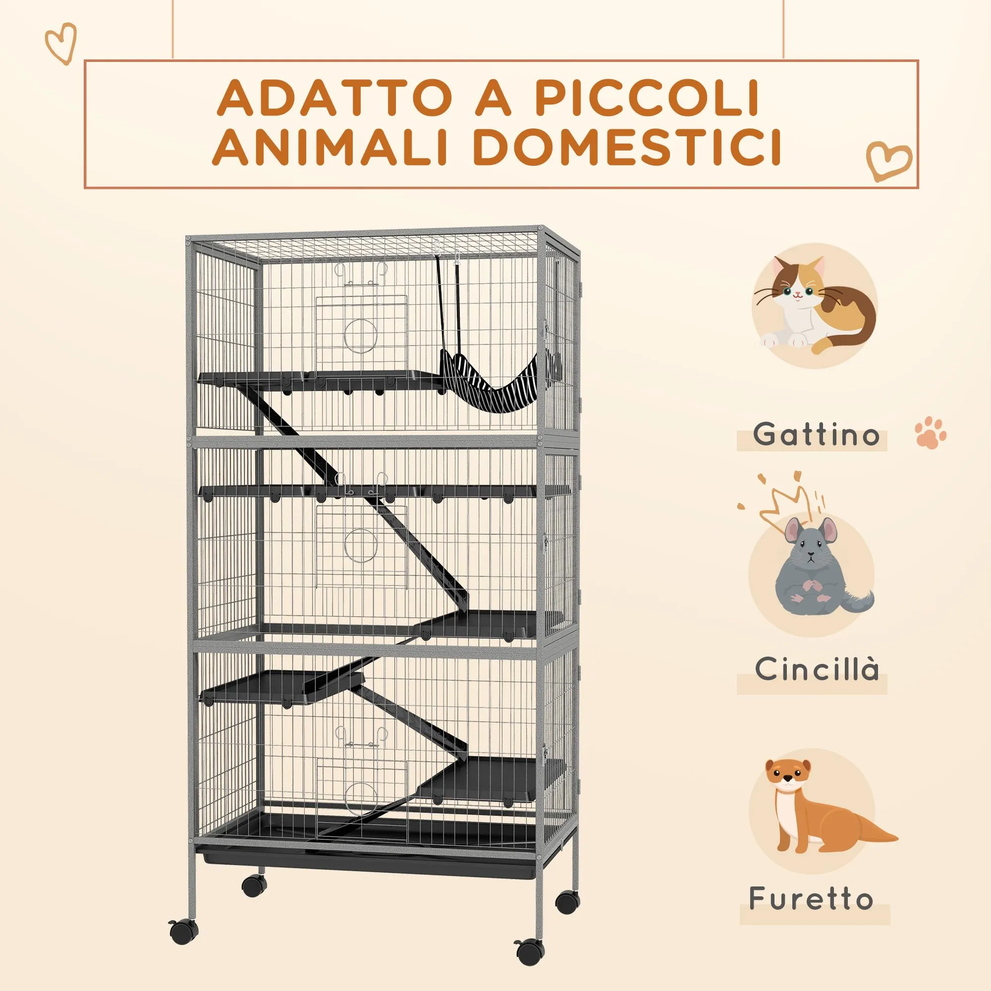 PawHut Gabbia per Animali Piccoli 6 Ingressi 80x52x159cm Argento Grigio - immagine 3