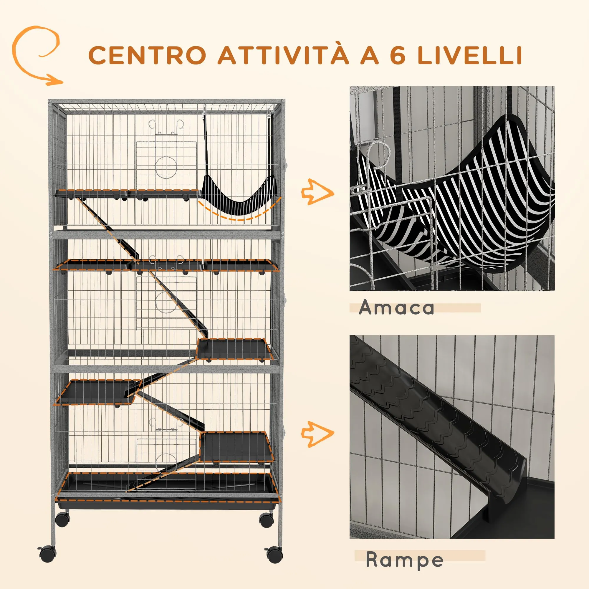 PawHut Gabbia per Animali Piccoli 6 Ingressi 80x52x159cm Argento Grigio - immagine 5