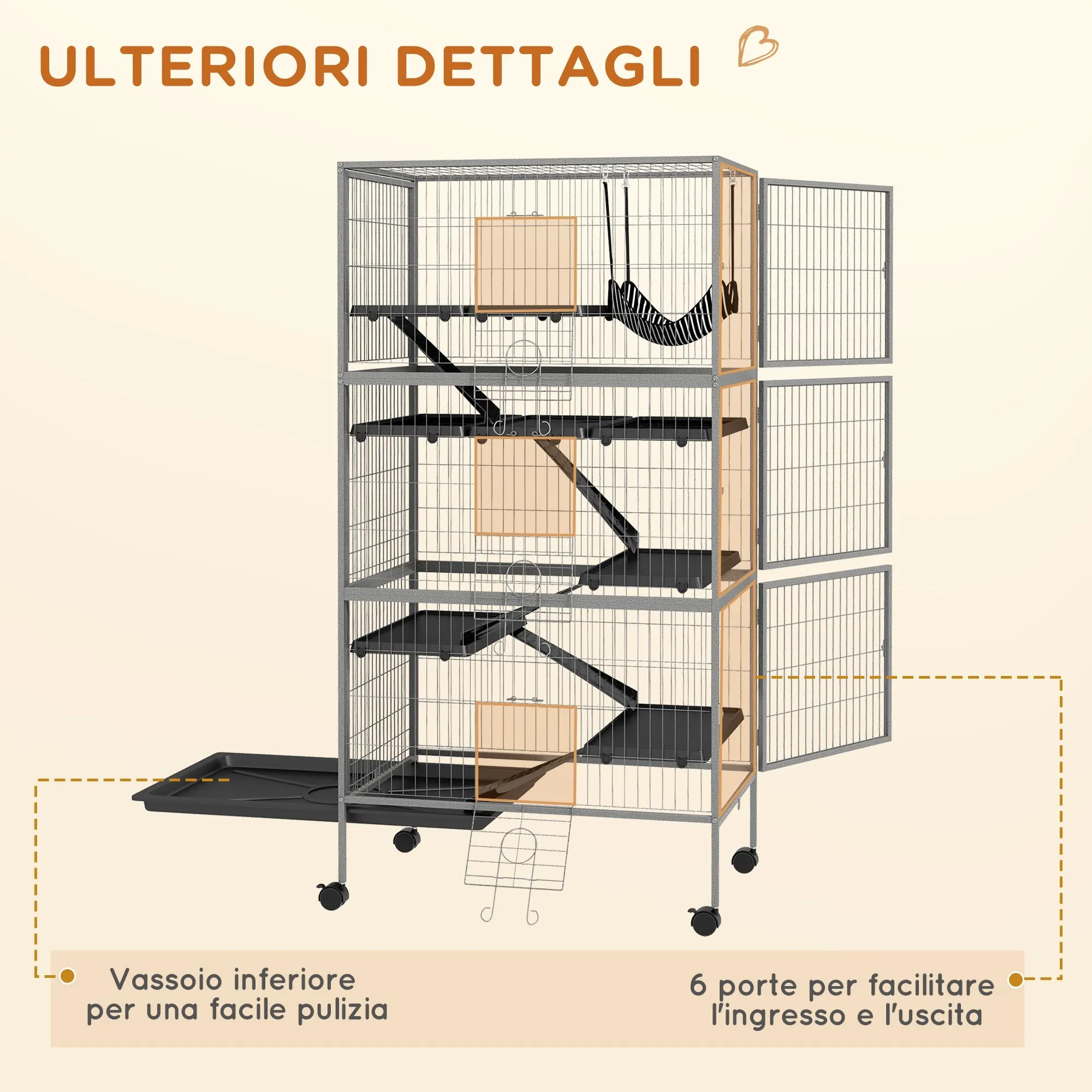 PawHut Gabbia per Animali Piccoli 6 Ingressi 80x52x159cm Argento Grigio - immagine 6