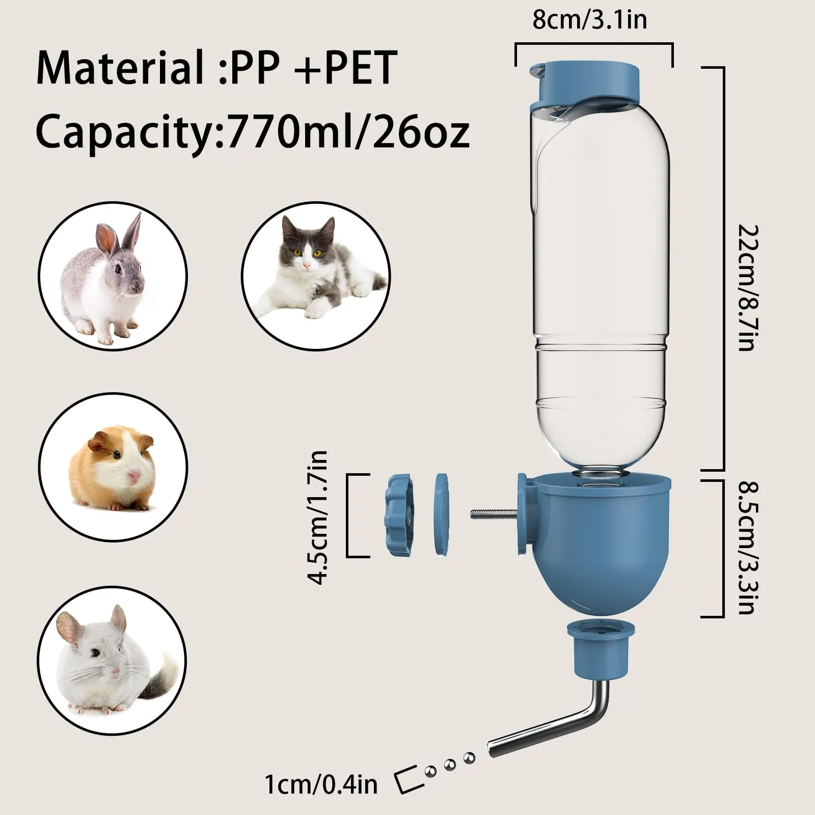 TOKAYIFE Bottiglia d'Acqua per Piccoli Animali 770ml Beverino Coniglio Bottiglia sospesa per Animali Abbeveratoio per Conigli Porcellini D'india Criceto Furetti Chinchilla Distributore Acqua - immagine 5