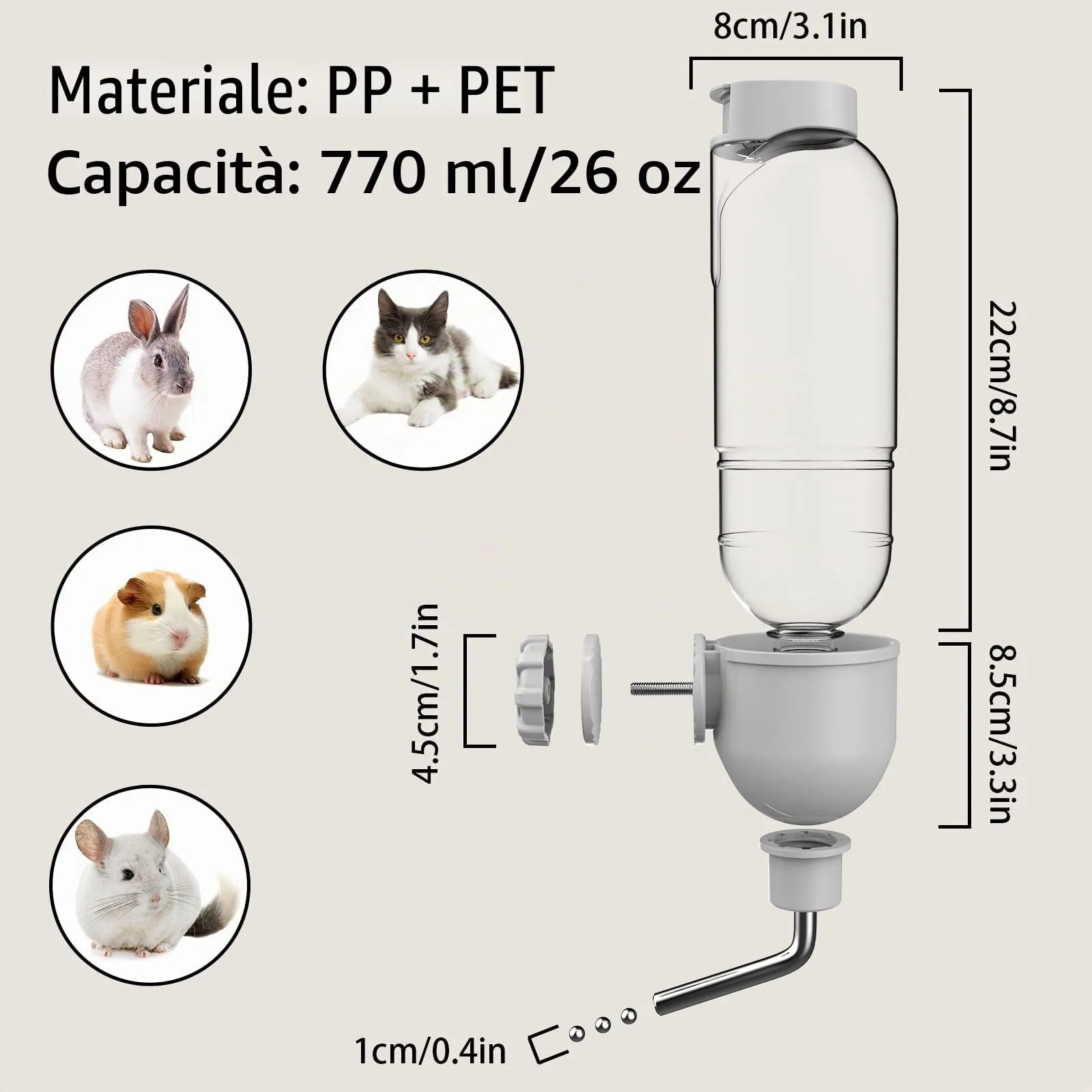 TOKAYIFE Bottiglia d'Acqua per Piccoli Animali 770ml Beverino Coniglio Bottiglia sospesa per Animali Abbeveratoio per Conigli Porcellini D'india Criceto Furetti Chinchilla Distributore Acqua - immagine 5